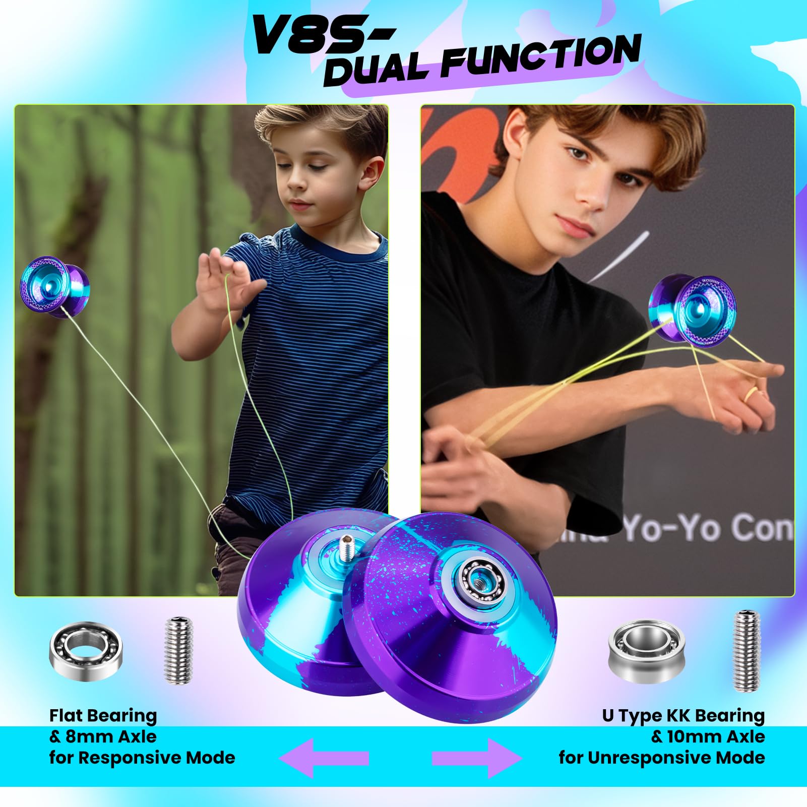 MAGICYOYO V8S JoJo für Kinder ab 8 Jahren - Profi Finger-Spin Yoyo für Anfänger & Fortgeschrittene, 2-in-1 JoJo (Responsive & unresponsive), Trick-JoJo inkl. 12 Schnüren & Tasche