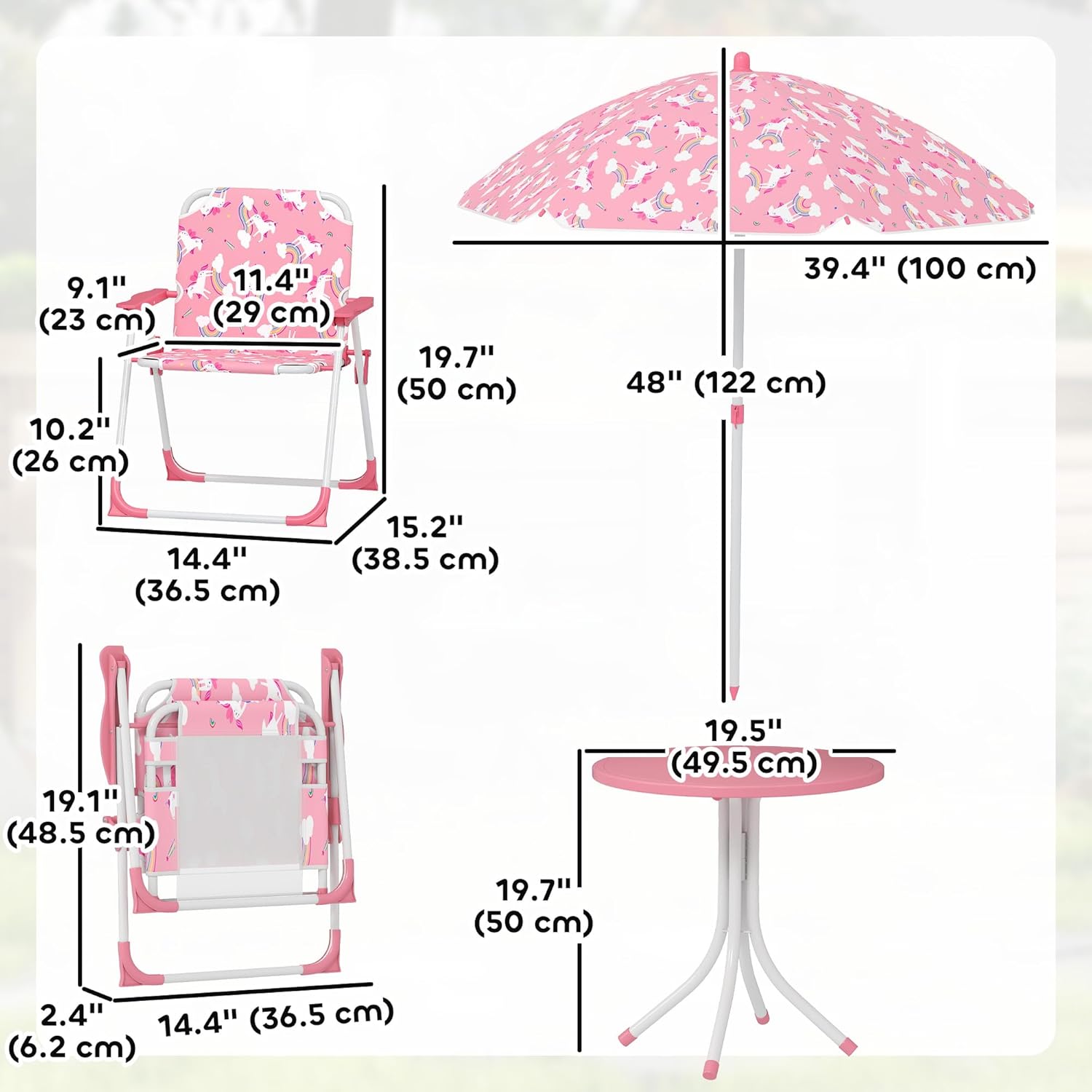 Qaba Kids Picnic Table and Chair Set, Outdoor Activity Table with Foldable Chairs, Removable Umbrella, Unicorn and Rainbow Pattern Toddler Patio Furniture for Backyard, Garden, Pink