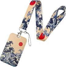 Japanese Lanyard for ID Badges Holder, The Great Wave off Kanagawa Keychain with Neck Lanyard, Art Oil Painting Pattern Lanyards for Art Student, Art Teacher, Women