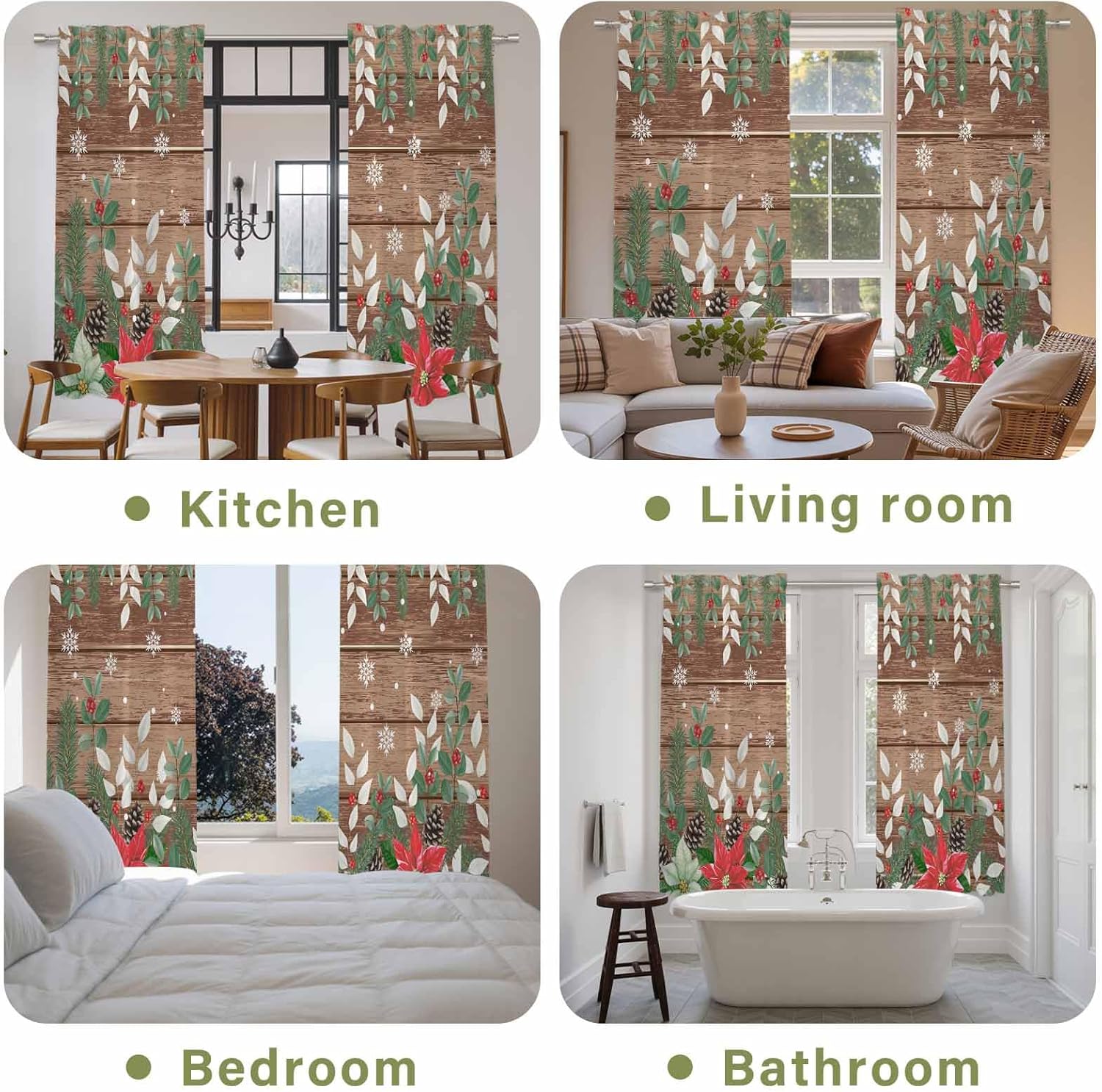 Christmas Poinsettia Window Curtains 72 Inch Long 2 Panel Set,Rod Pocket Long Curtains & Drapes,Farmhouse Eucalyptus Botanical Xmas Light Filtering Window Treatment for Bedroom Living Room 52"W x 72"L