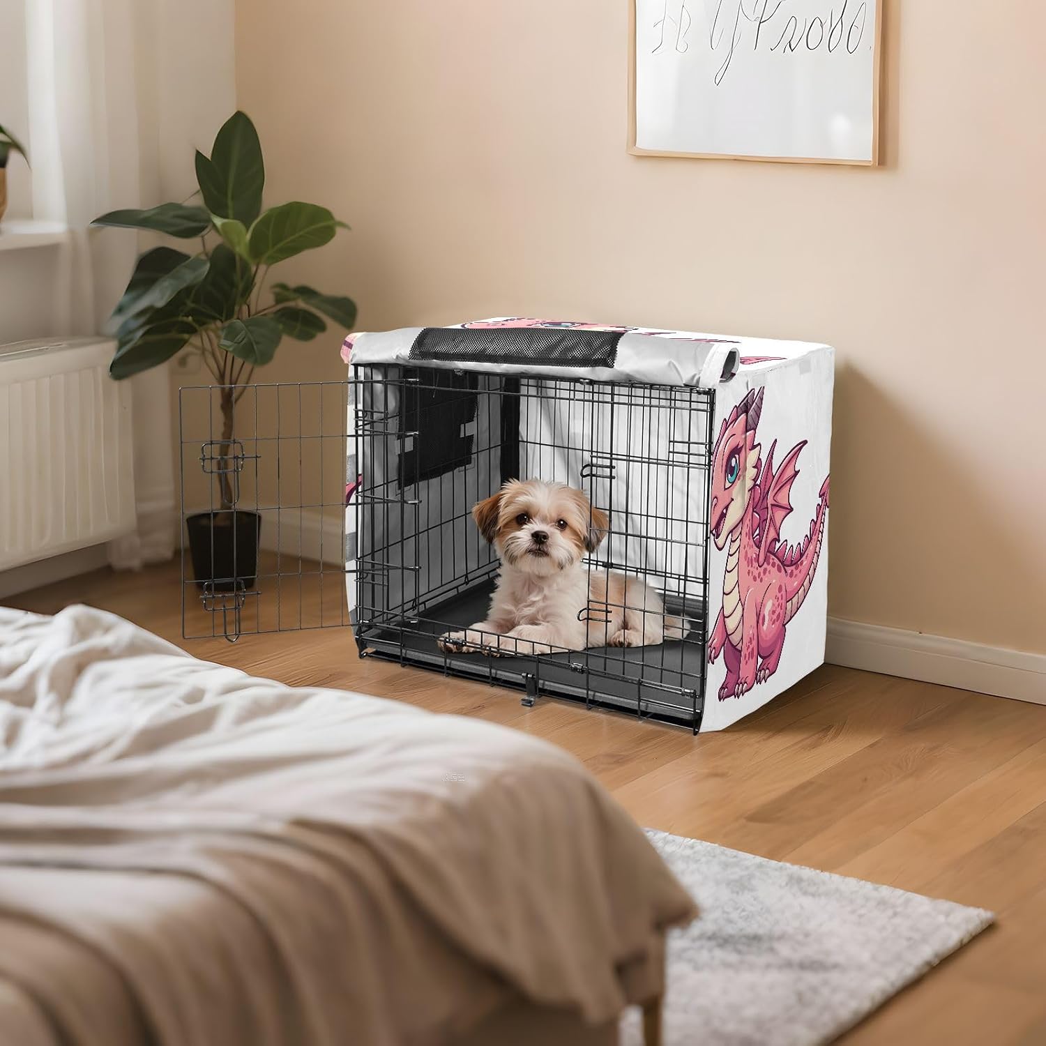 Cute Pink Dragon White Dog Crate Cover Water-Resistant, S-XL Breathable Crate Cover for Dog, Large