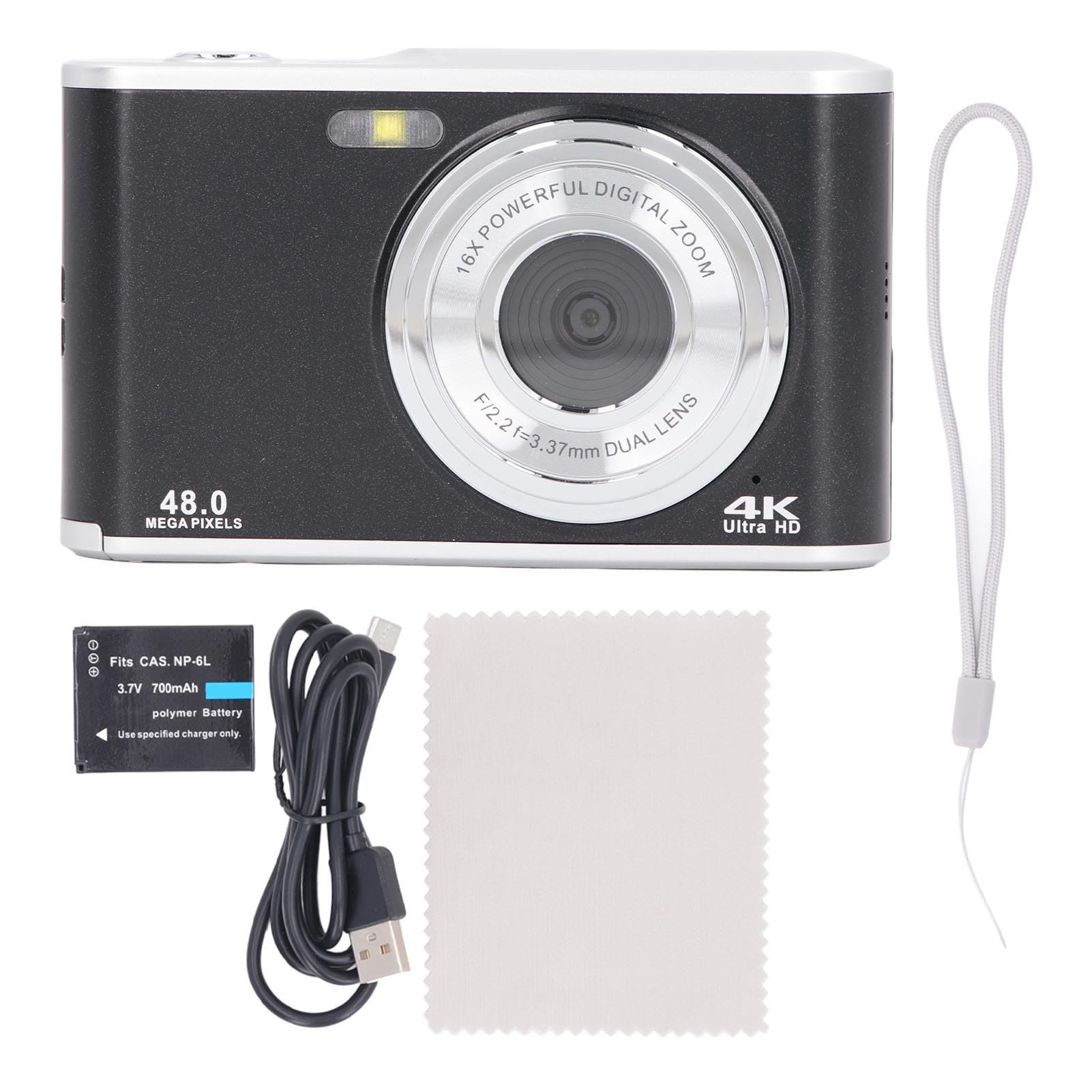 Fotocamera con Zoom Digitale 16X per Fotografia di Viaggio, Fotocamera Doppio Obiettivo 4K Ultra HD da 2,4 Pollici 44 MP, Fotocamera Digitale Compatta Antiurto per Viaggi di