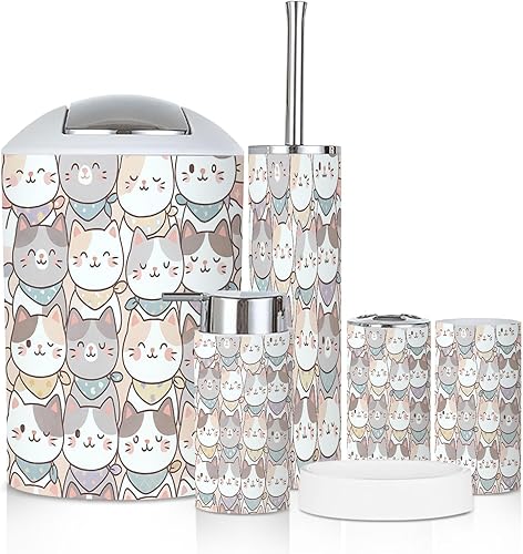 Miniatura 10 de Bathroom Accessory Set 6PCS 70s Retro Vintage Mid Century Modern Seamless Trash Can, Soap Dispenser, Toothbrush Holder, Toothbrush Cup, Toilet Brush