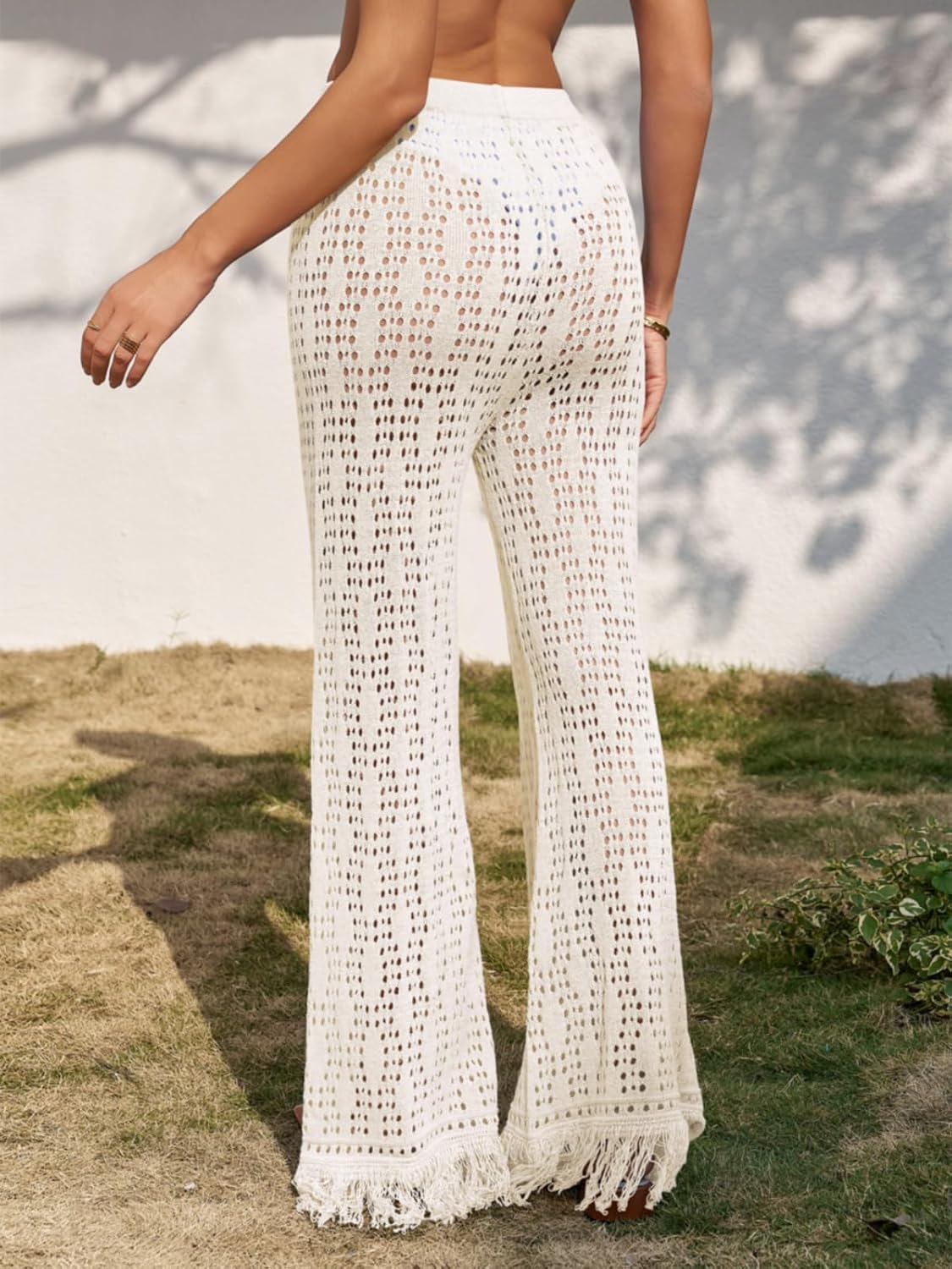 Fisoew Womens Crochet Cover Up Pants Casual Wide Leg High Waisted Hollow Out Tassel Summer Beach Mesh Bathing Suit Pants