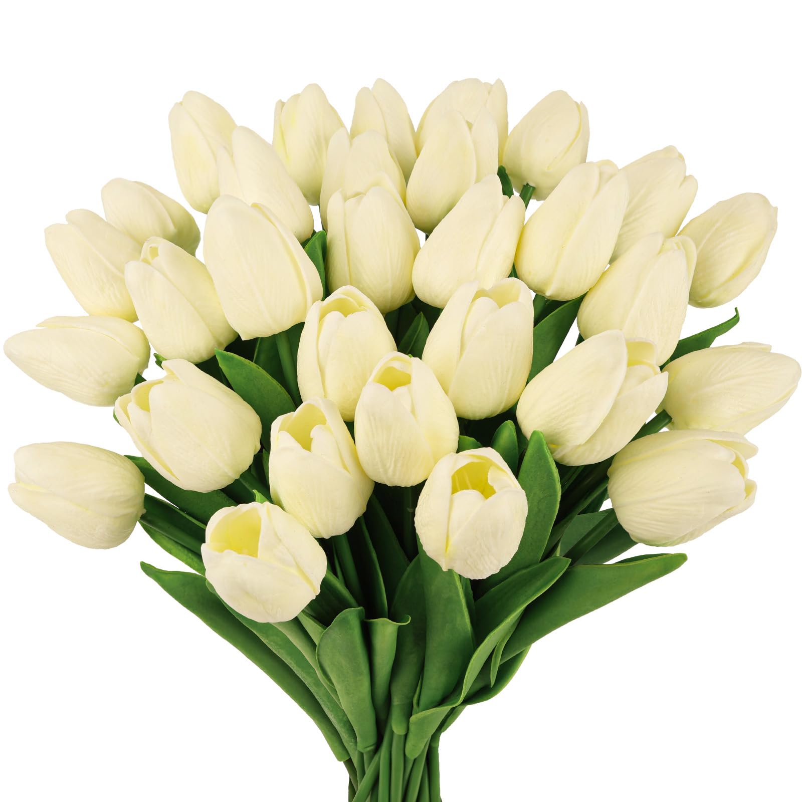 MACTING 30PCS Artificial Tulip Flowers - 13.7" Real Touch Fake PU Tulips Bouquet Faux Spring Flowers for Floral Arrangements Table Centerpiece Kitchen Home Mothers Day Easter Summer Decorations(Cream)