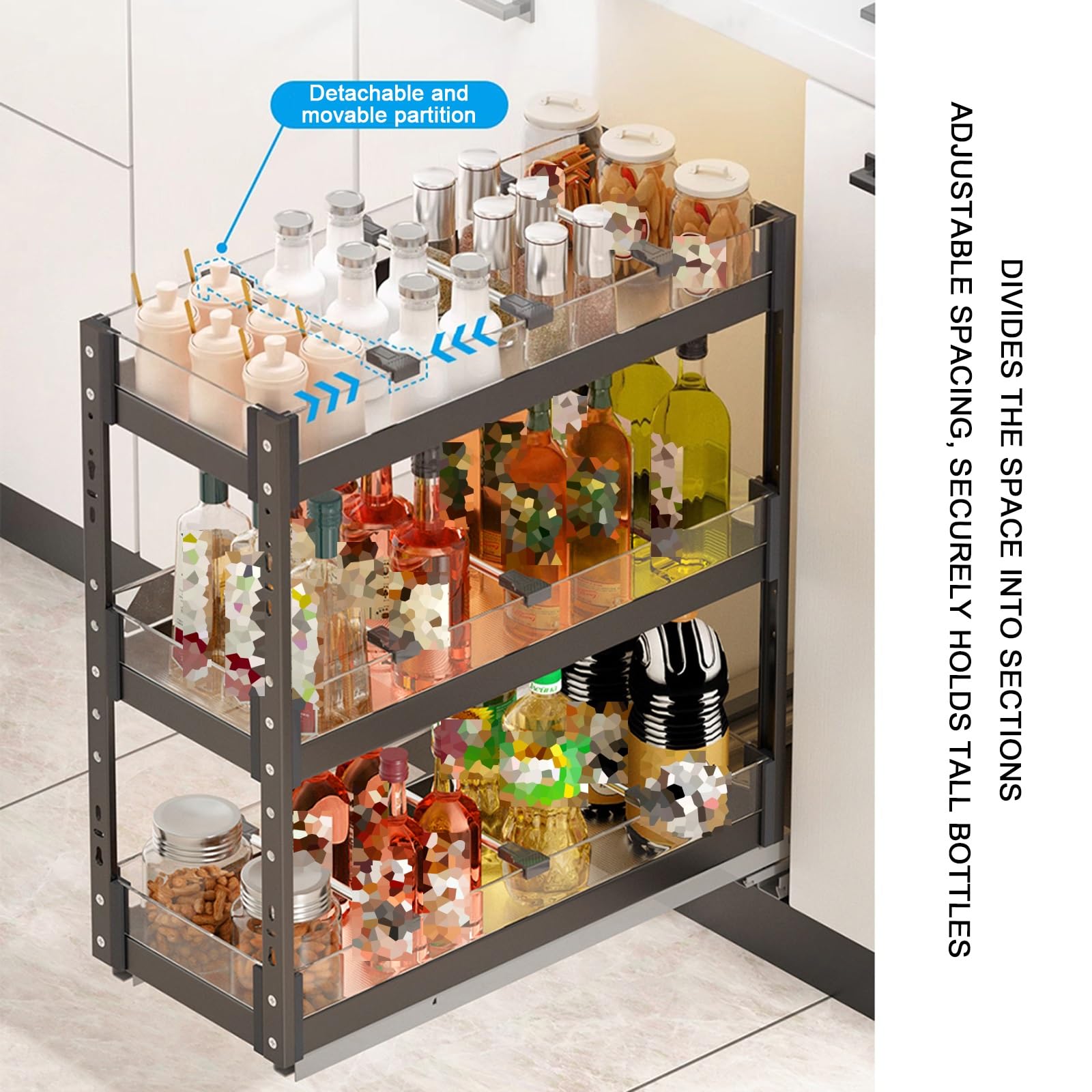 Organizzatore estraibile a 3 livelli, ripiani scorrevoli stretti per dispensa, cucina, bagno, ripiano centrale regolabile