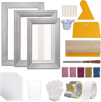 VEVOR Screen Printing Kit, 3 PCS Aluminum Silk Screen Printing Frames, 5 Glitters and Screen Printing Squeegees and Transparency Films, 6x10/8x12/10x14inch 110 Count Mesh, for DIY T-Shirts Printing