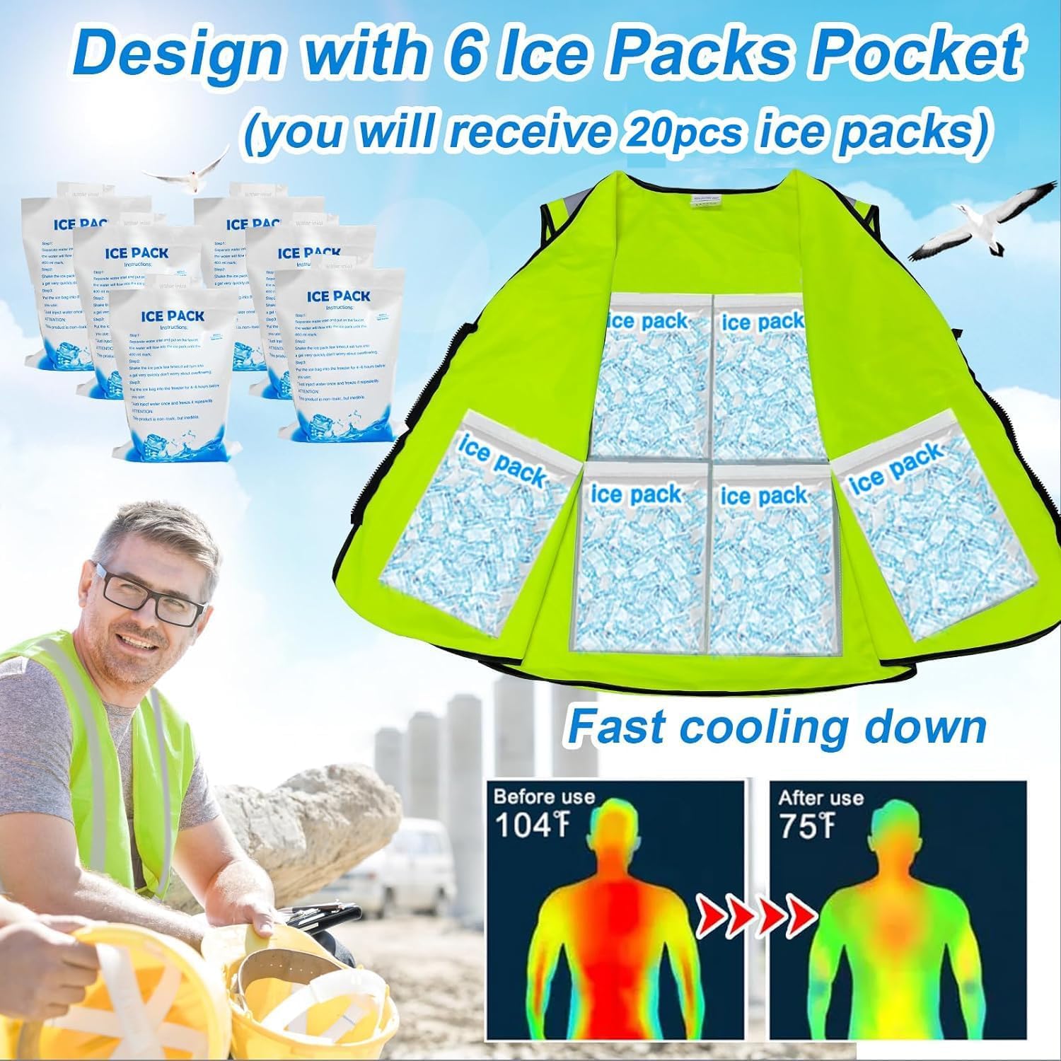 Cooling Safety Vest with 24pcs Gel Ice Packs - Cooling Vest for Hot Weather Outside Working