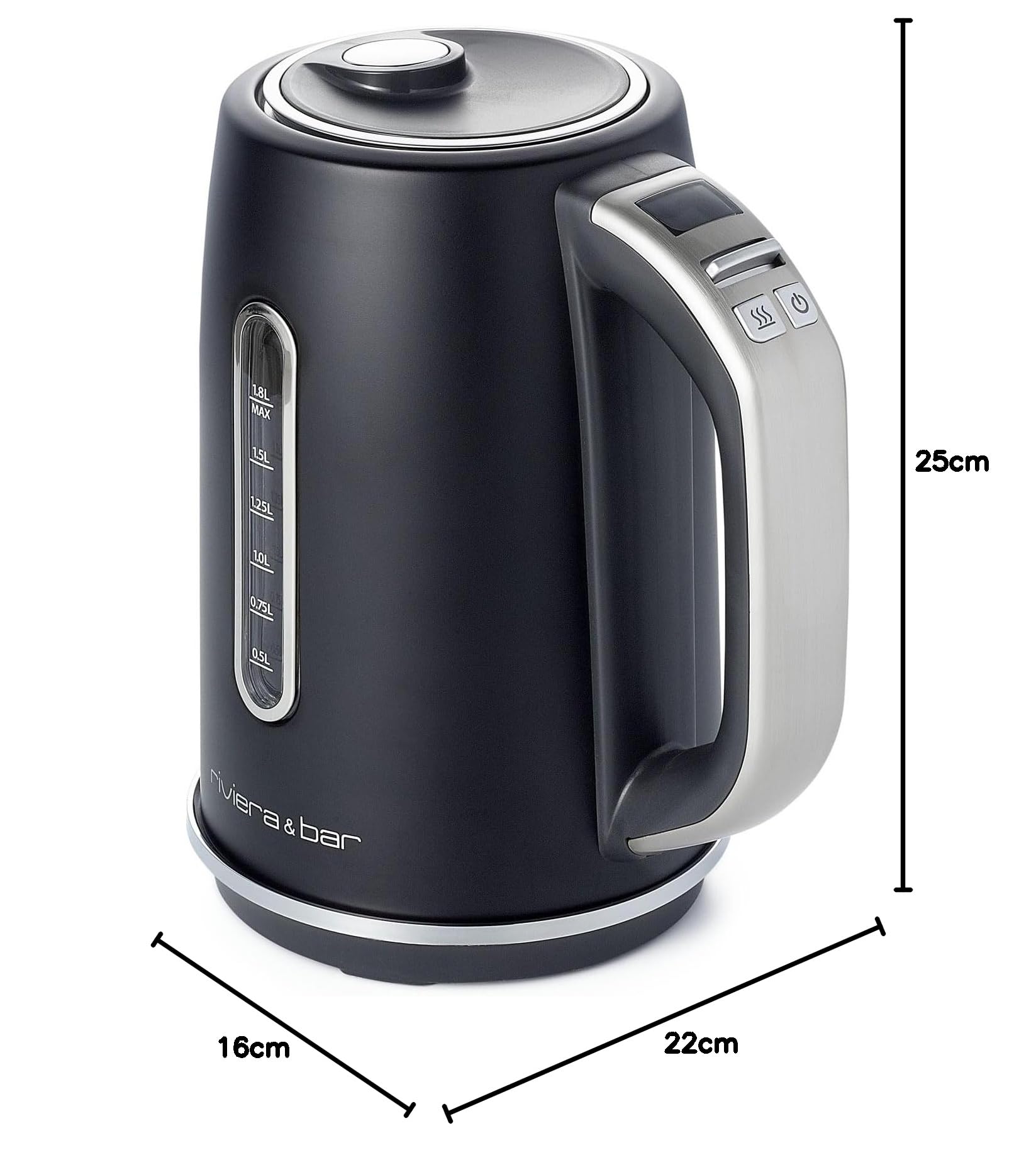 riviera&bar Bouilloire Inox 1,8L - Chauffe-Eau Rapide 2200W, Sélection Température 40-100°C - Écran LCD, Modes Eau et Thé, Sécurité Surchauffe - Black Satin