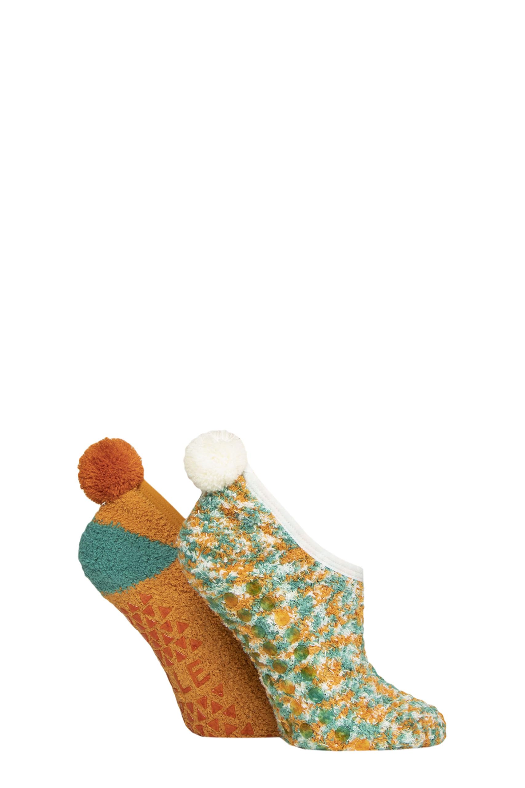 Elle Women's Marmalade Cosy Slipper Socks - Mary Jane, Pom Poms, Anti Slip Grips, Warm,Winter, Colourful, Bright, Size 4-8 Multipack Of 2