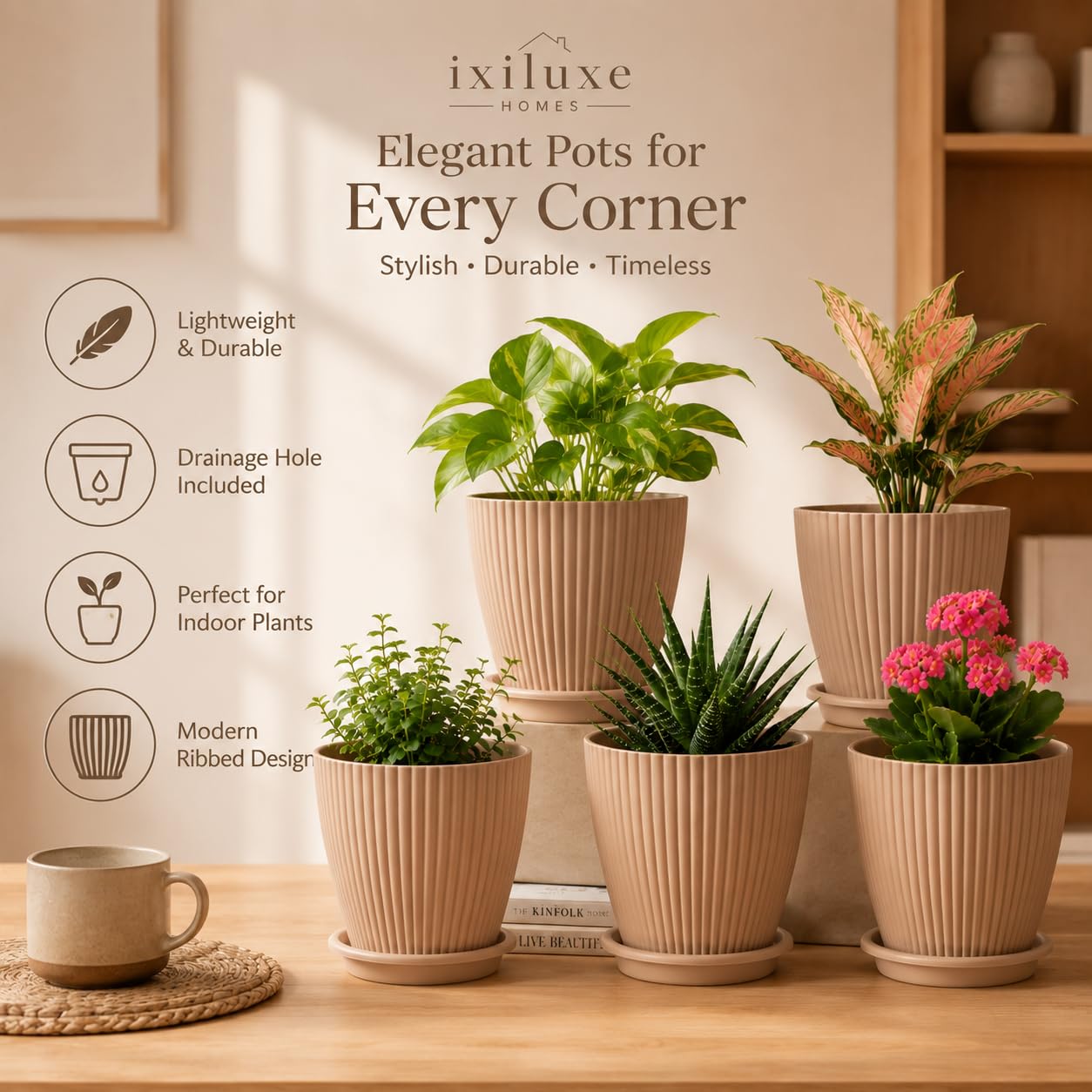 Light Brown Flower Pots Set of 5 - Modern Plant Planters -7 Light Brown Flower Pots Set of 5 - Modern Plant Planters -7