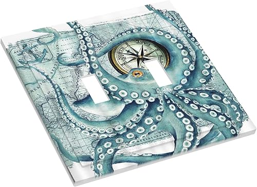 Miniatura 3 de Octopus Nautical Kraken Brújula ancla decorativa de pared de 2 cuadrillas Placa decorativa de doble interruptor de luz de palanca placa de