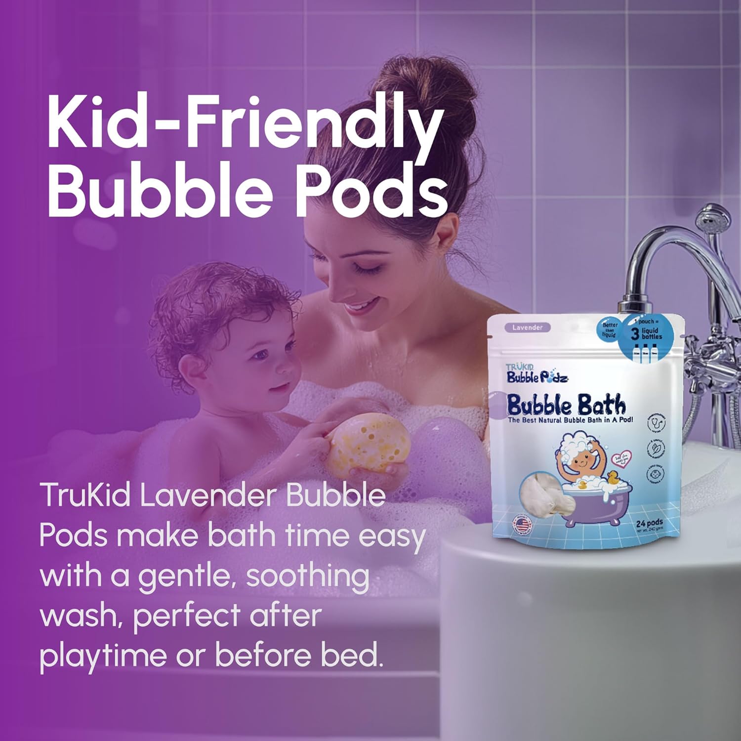 TruKid Bubble Podz & HyperGo Body Wipes Bundle - Lavender 20ct Wipes for Camping, Post Workout Bathing for Adults 12"x12" XL & Lavender 24ct Kids Bubble Bath for Toddlers 1-3, Baby & Kids