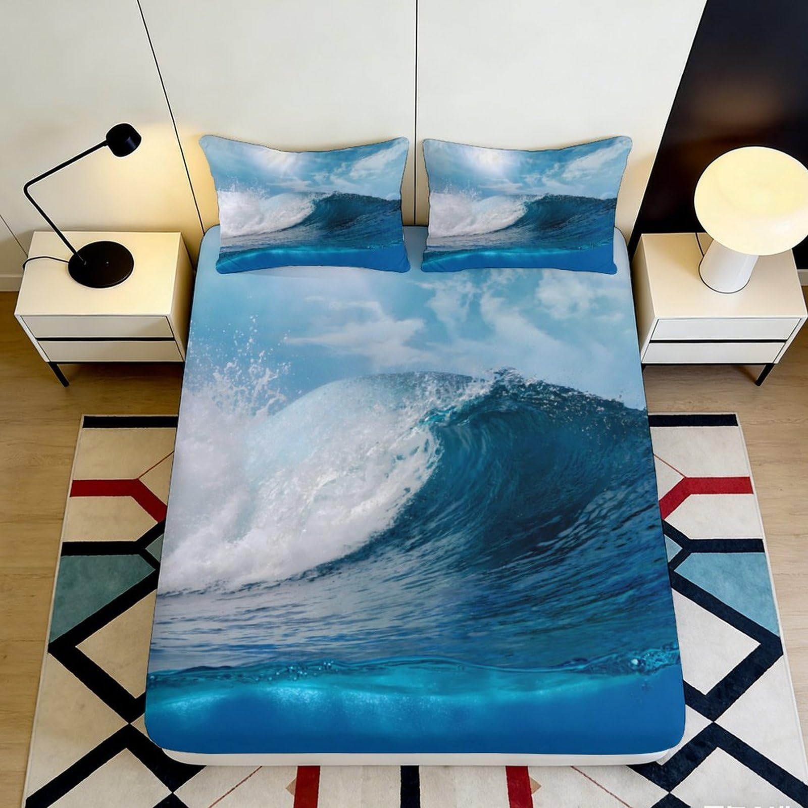 3D Printed Ocean Wave Fitted Sheet Microfiber Soft Breathable Sea Surf Bed Cover for Bedroom Dormitory Guest Room Mattress Protection Decor 160x200x25cm
