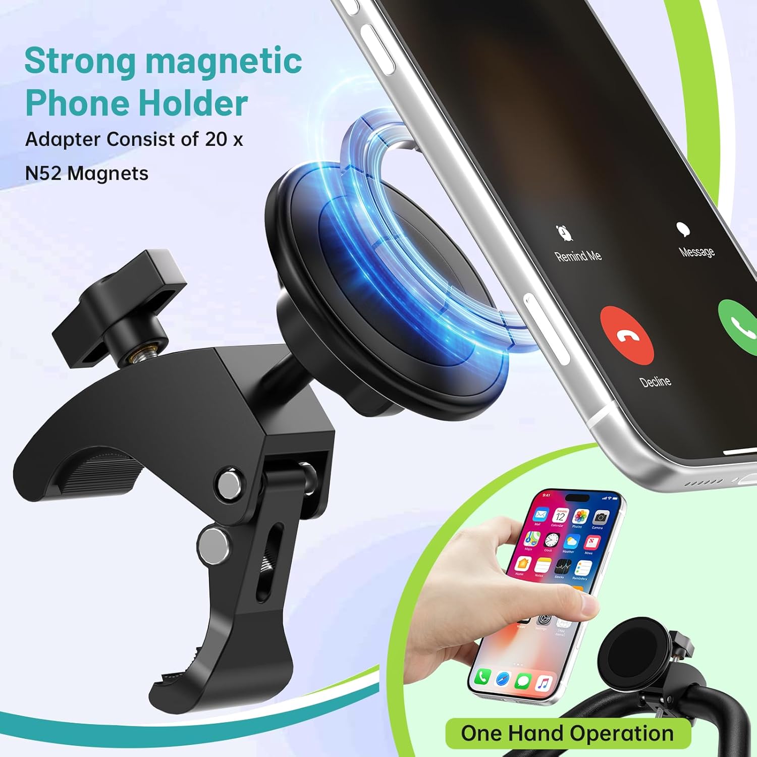 Mippko Stroller Phone Holder,Compatible with MagSafe,20 x N52 Strong Magnets with Clamp Mount,Magnetic Handlebar Mount for Treadmill/Peloton/Spin Bike/Gym/Shopping/Golf Carts, iPhone 12–17 & Android