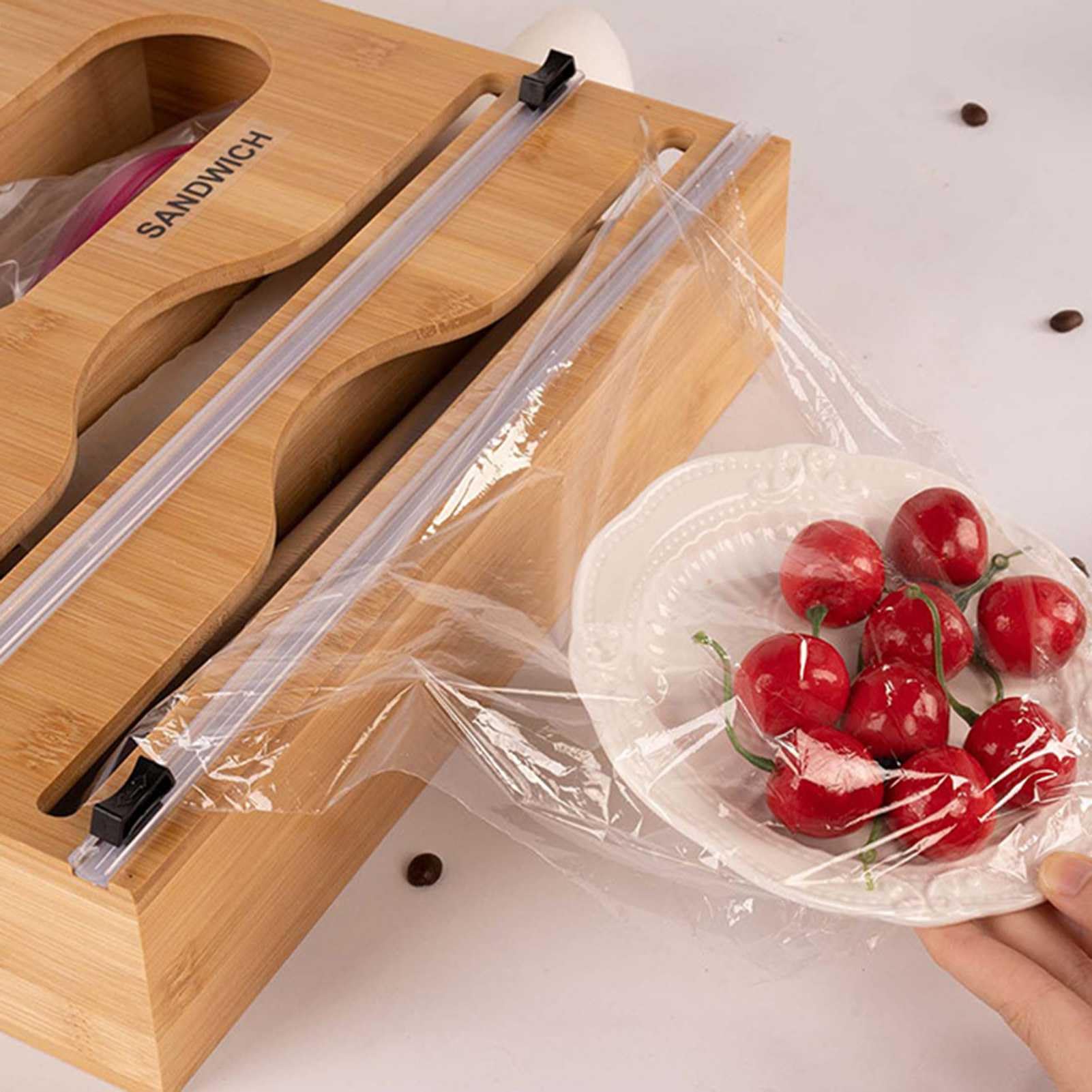 Dispensador de papel de aluminio y film transparente 6 en 1 para montar en la pared, organizador de bolsas de almacenamiento para cajones de cocina, soporte de almacenamiento de alimentos de bambú par