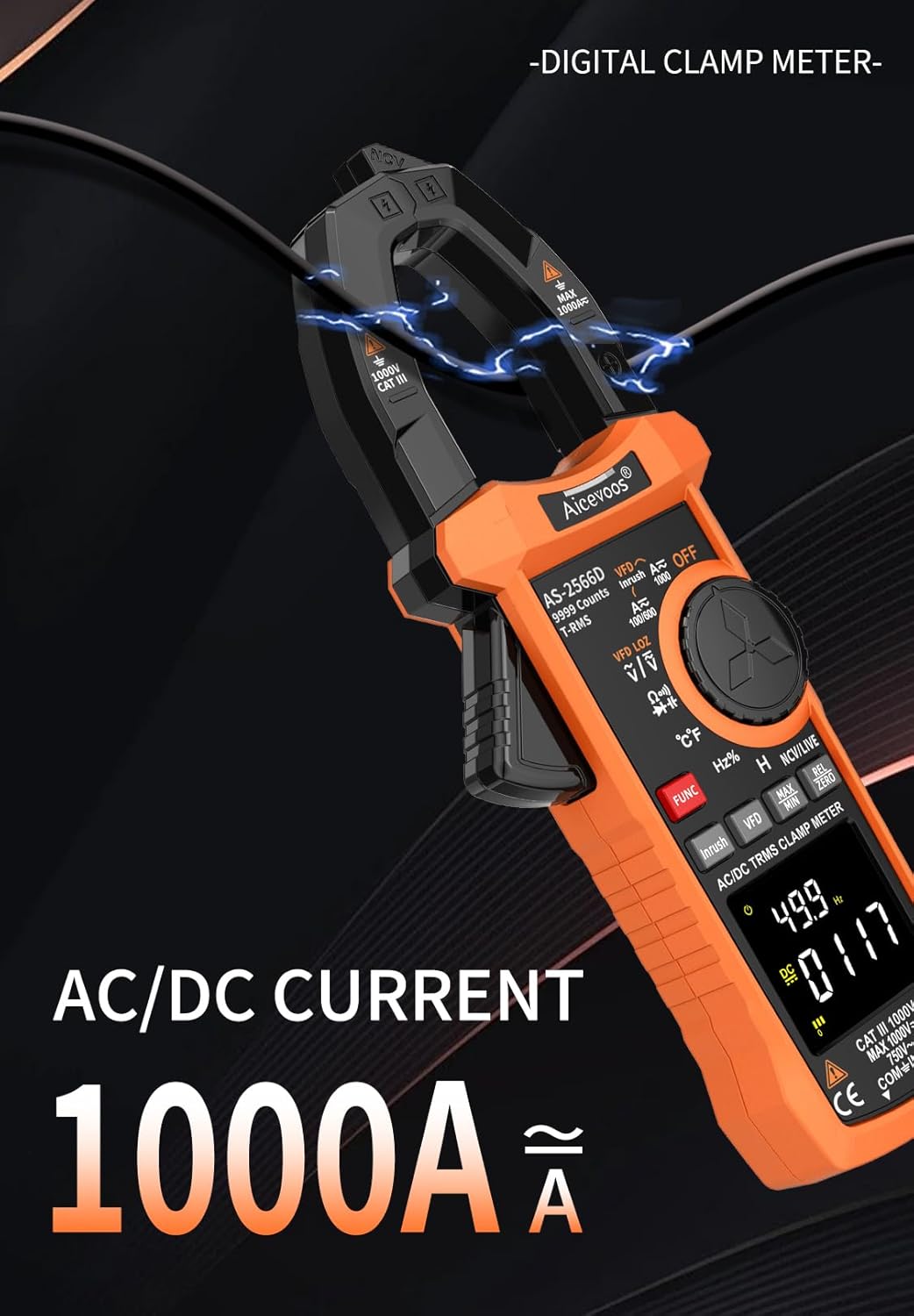 Inrush Digital Clamp Meter Multimeter 1000A TRMS 6000 Counts, Amp Voltage Tester with VFD, LOZ Mode; Measures AC/DC Current Voltage Temperature Resistance Capacitance Frequency Continuity NCV