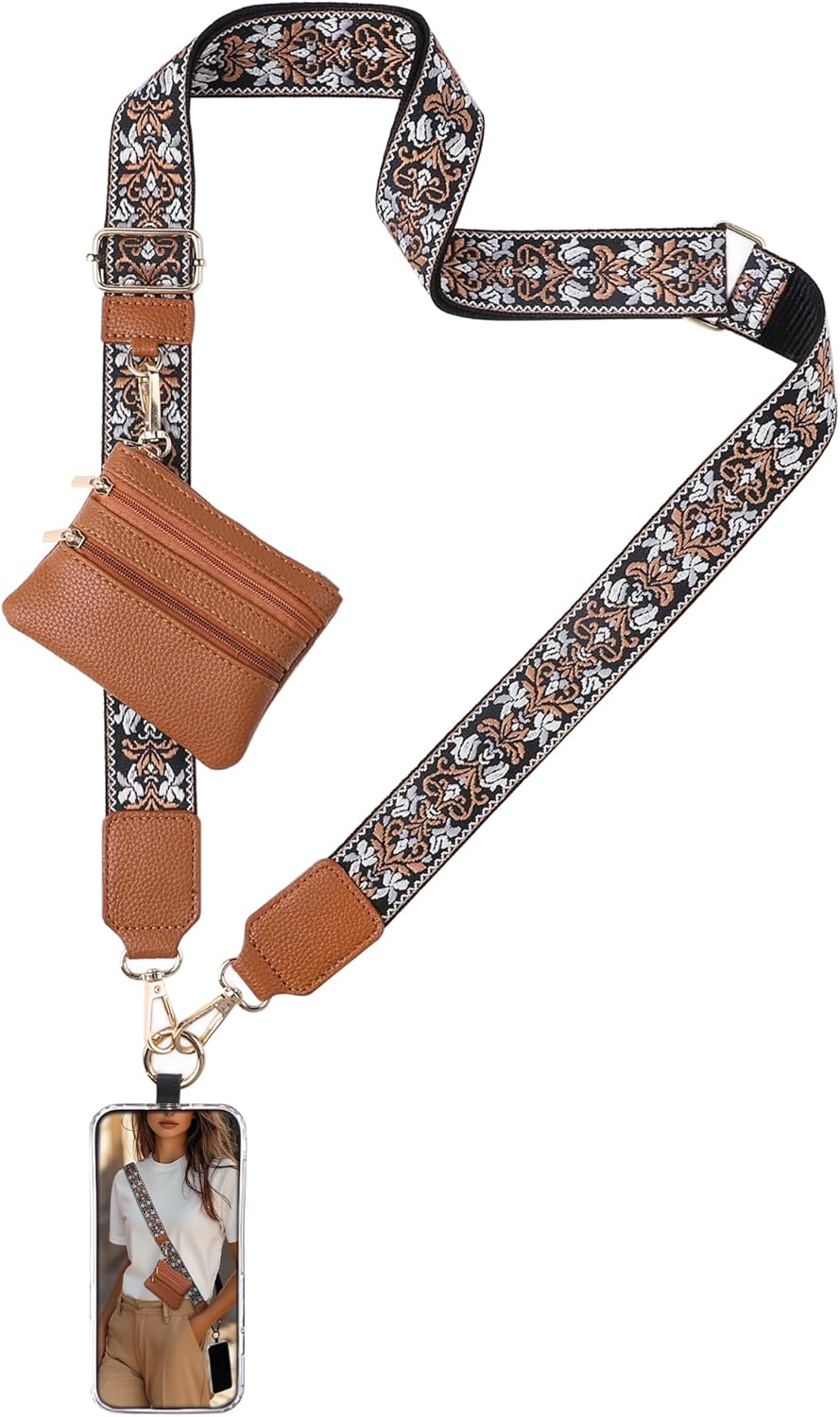 Clip and Go Strap for Phone with Wallet Crossbody Lanyard Adjustable Strap with Zipper Pouch Fit for All Phones-Brown