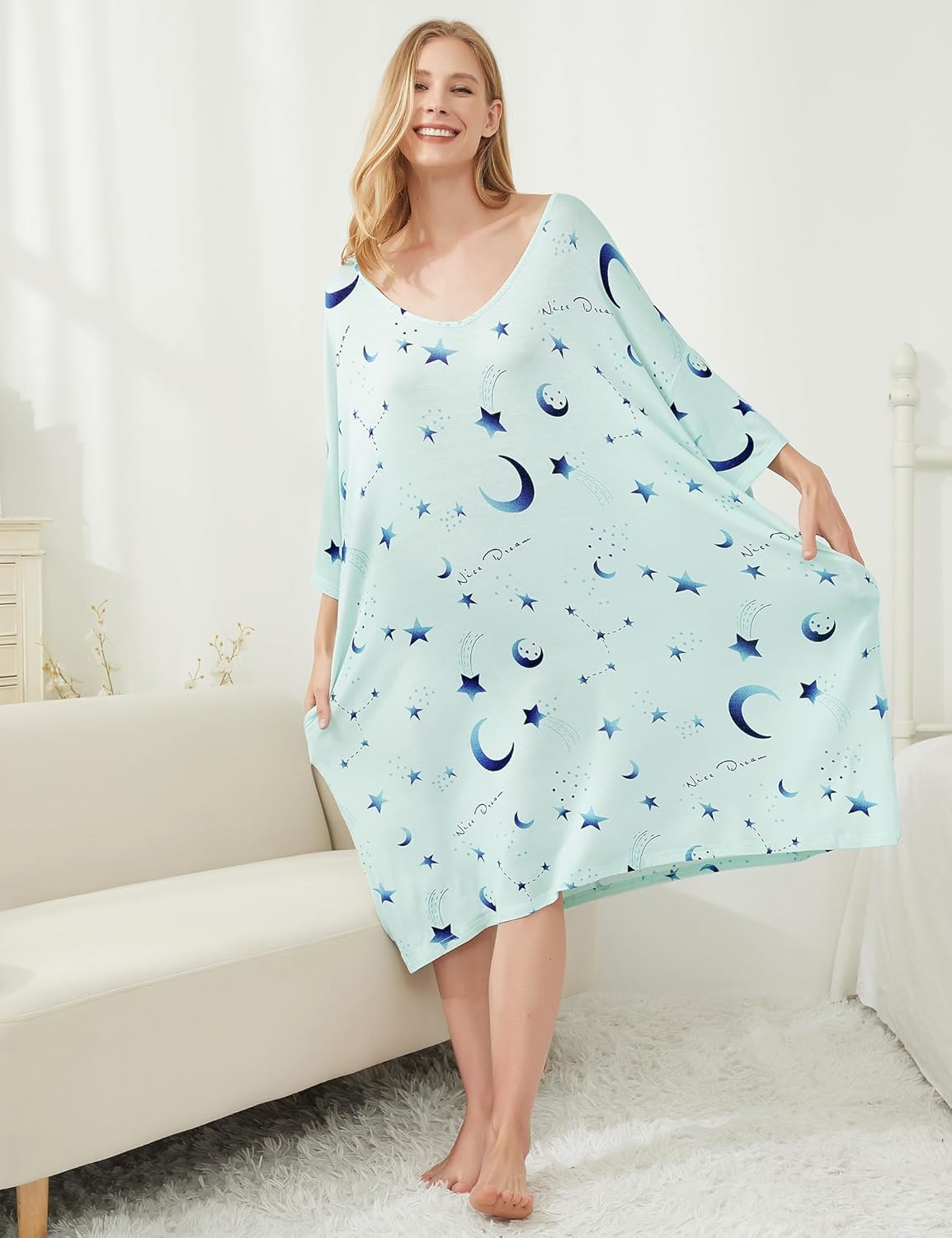 KFUBUO Plus Size Nightgowns for Women V-Neck Sleep Tshirts Dress Pjs Lounge Short Sleeves Sleepwear With Pocket Fit S-5XL - Image 3