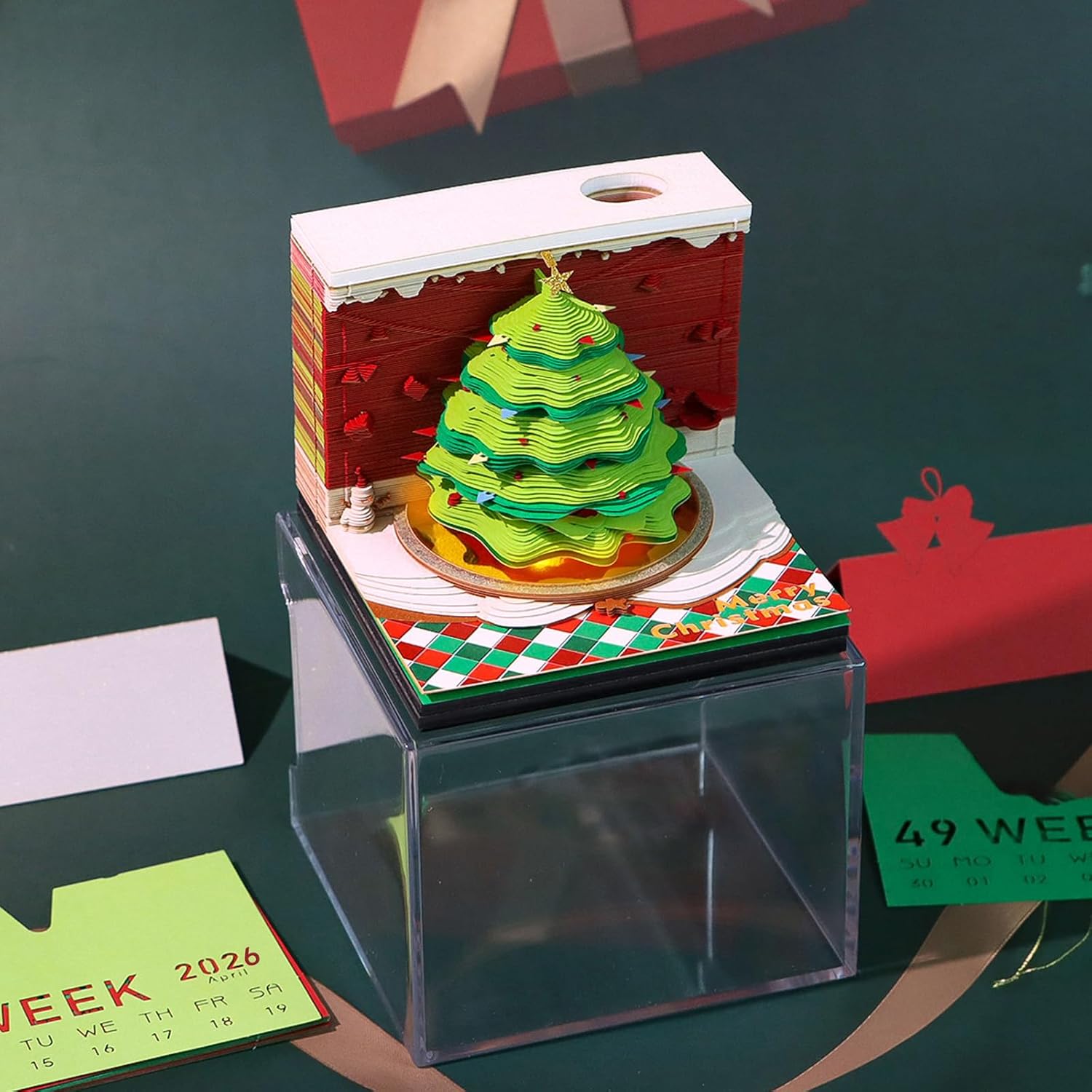 3D Calendar Memo Pad 2026,Time Piece Calendar,Christmas Tree 2026 Desk Calendar 3D Memo Pad Non-stick Sticky Notes With Light Pen Holder For School Office Home