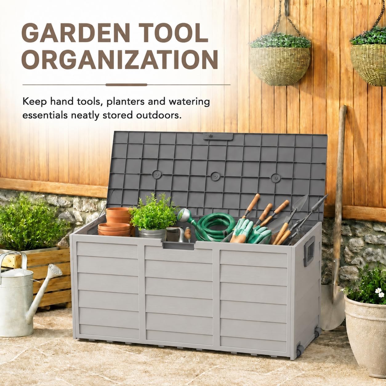 75 Gallon Resin Deck Box, Waterproof Outdoor Storage Box with Wheels, Lockable Lid and Handles, Large Deck Storage for Outdoor Gear, Patio Furniture Cushion, Gardening Tools, Grey