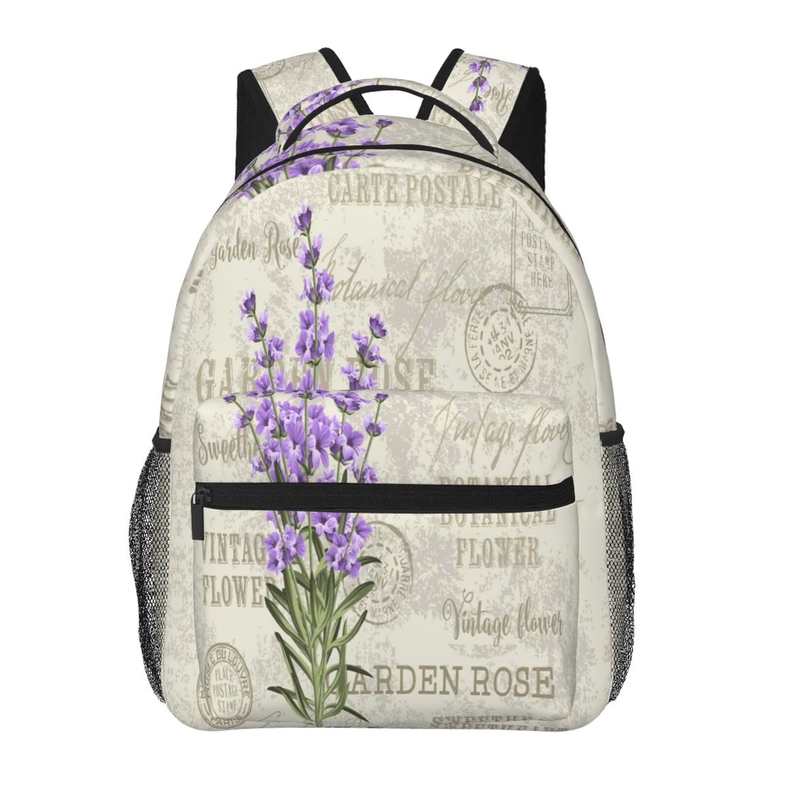 Mochila informal Lavanda Elegante Vintage Mochila clásica Mochila escolar resistente al agua Mochila informal con bolsillos laterales