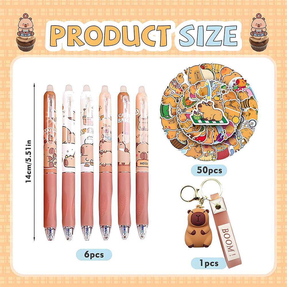 CYGMRFH Capybara Silicone Pencil Cartoon Animals Foldable 2-in-1 Pouch Set with 6 Retractable Pens Keychain and Stickers Pen Holder with Keychain Pen Stickers Study Supplies Gift - Image 3