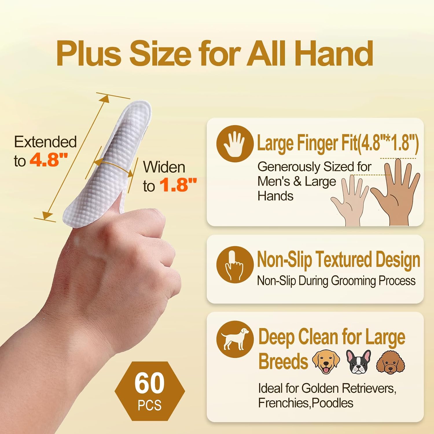 Plus Size Dog Ear Wipes for Dogs & Cats, Coconut Scent, 60 Count | Fit All Finger Size, Gently Remove Ear Wax & Dirt, Relieve Ear Itching,Fresher Ears. Alcohol-Free,Safe for Daily Ear Cleaning