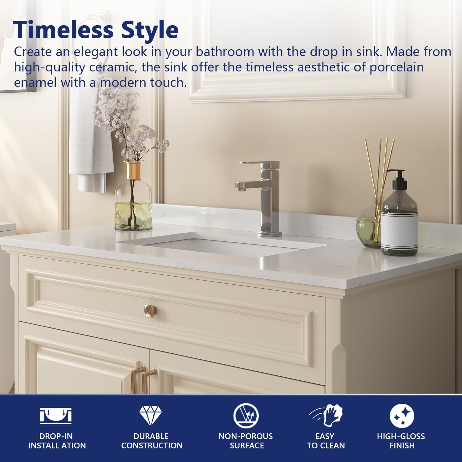 DeerValley 36 Inch Bathroom Vanity Top with Undermounted Rectangular Ceramic Sink & Backsplash, DV-1V0098 White Carrara Engineered Stone Vanity Sink Top, Single Pre-drilled Hole