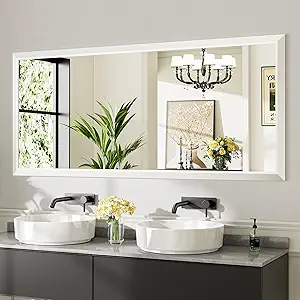 72x32 Inch White Bathroom Mirror for Wall, Thick Metal Framed Rectangle Mirrors for Over Sink, Bedroom, Living Room, Entryway, Anti-Rust, HD Tempered Glass