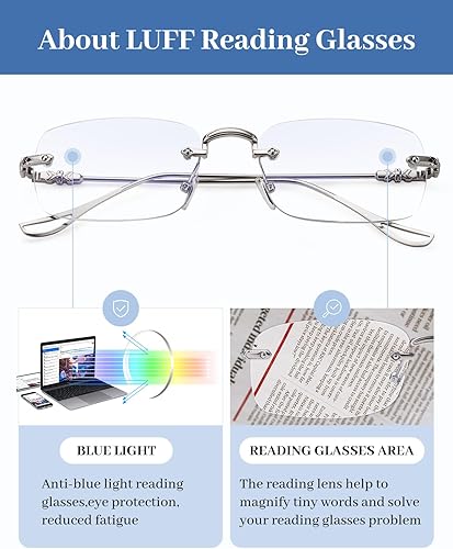 Miniatura 5 de LUFF Reading Glasses Men Women,Rimless Mens Readers Blue Light Metal Computer Eyeglasses Anti-EyestrainDrynessGlare(0.6oz)
