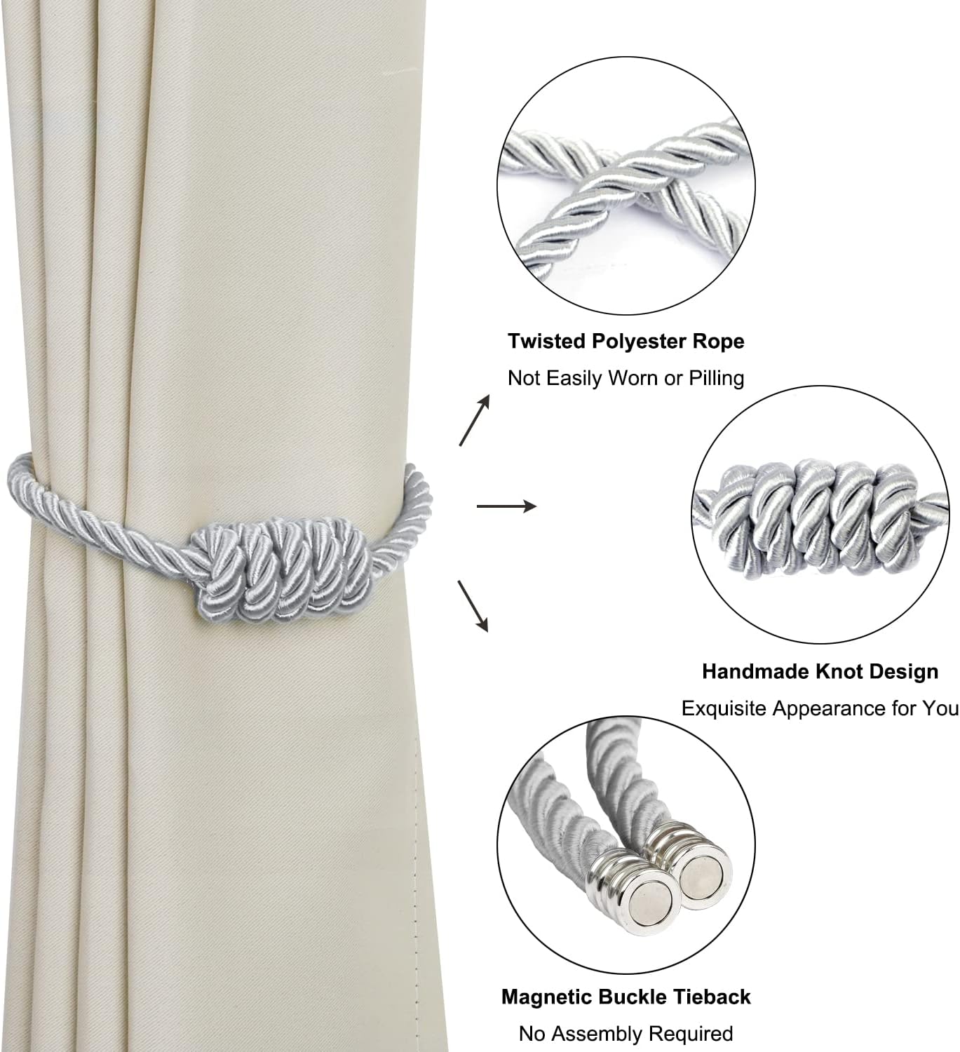 BEL AVENIR Magnetic Curtain Tiebacks, Decorative Drapery Holdbacks Modern Woven Tie-Backs with Exquisite Knot (Sliver, 6 Pack)