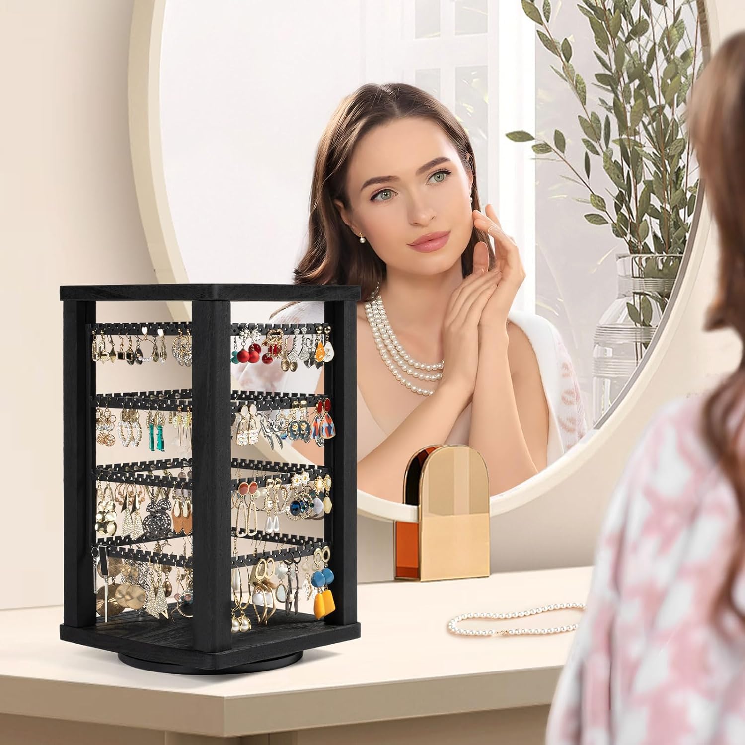 360 Earring Holder Organizer, Rustic Wood Earring Stand, Rotating