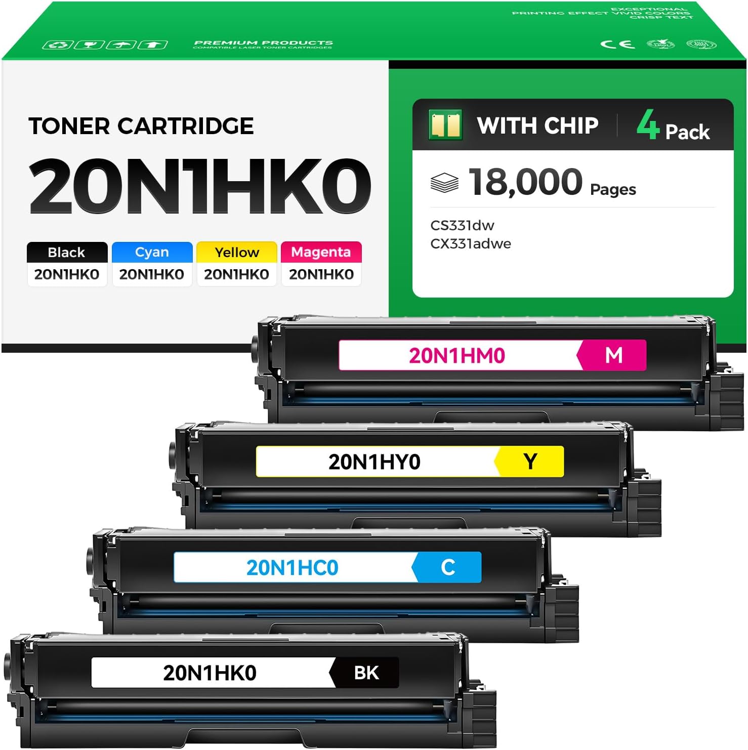 20N1HK0 20N1HC0 20N1HM0 20N1HY0 High Yield Toner Cartridge Set (4-Pack with chip) Replacement Compatible for Lexmark Color CS331 CX331 CS331dw CX331adwe Laser Printer Ink (Black Cyan Magenta Yellow)