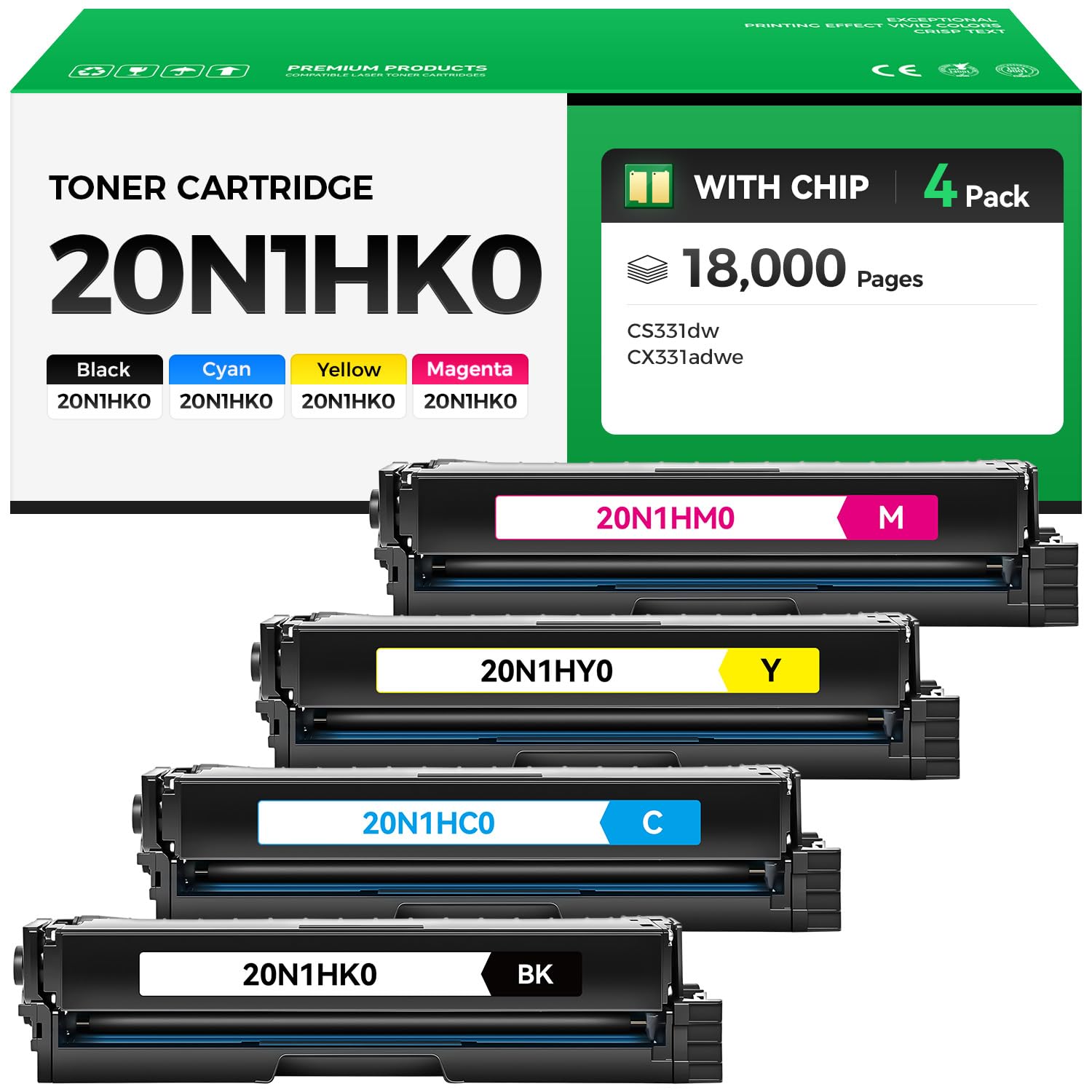 20N1HK0 20N1HC0 20N1HM0 20N1HY0 High Yield Toner Cartridge Set (4-Pack with chip) Replacement Compatible for Lexmark Color CS331 CX331 CS331dw CX331adwe Laser Printer Ink (Black Cyan Magenta Yellow)