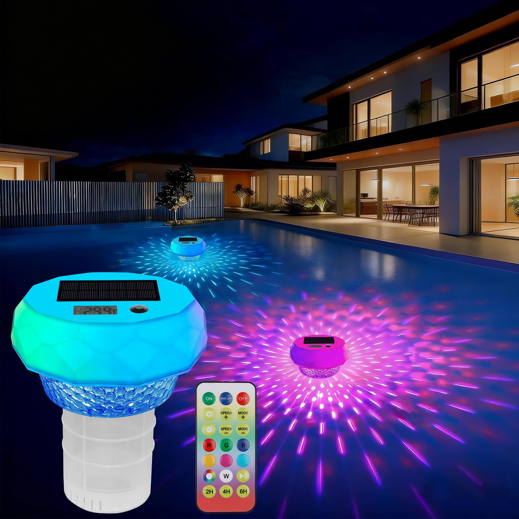 Solar Poolthermometer Digitales, Schwimmend Thermometer mit Bildschirm und Timerfunktion, Pool Thermometer mit 8 dynamischen Lichteffekten, IP68 Wasserdicht Digital Thermometer für Pool, Teich Weiß