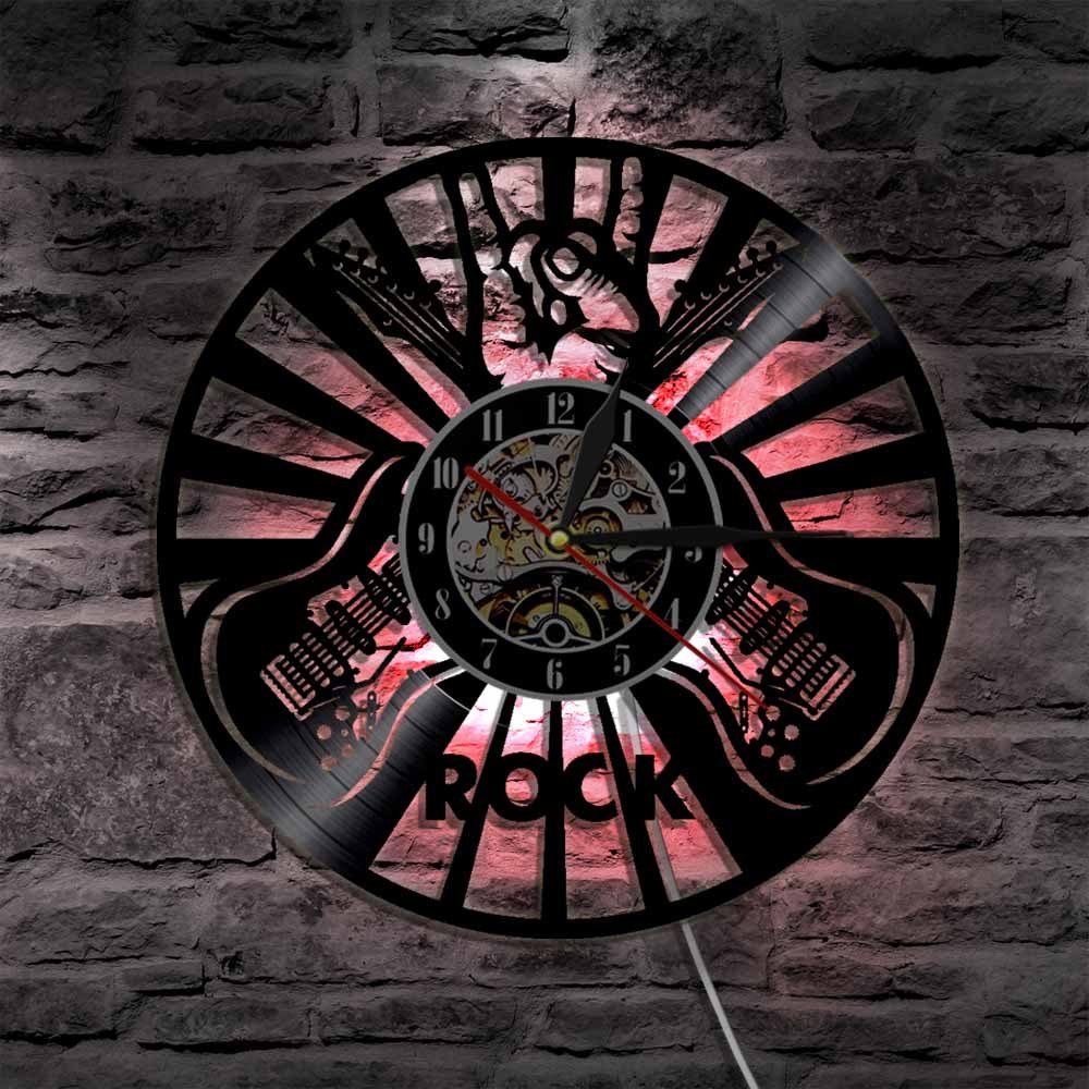 Rock Hand Sign Wall Art Orologio da parete Design moderno Sala da musica Decorazione da parete Orologio da record in vinile Amante della musica rock Chitarristi Regalo Regali per la festa della mamm