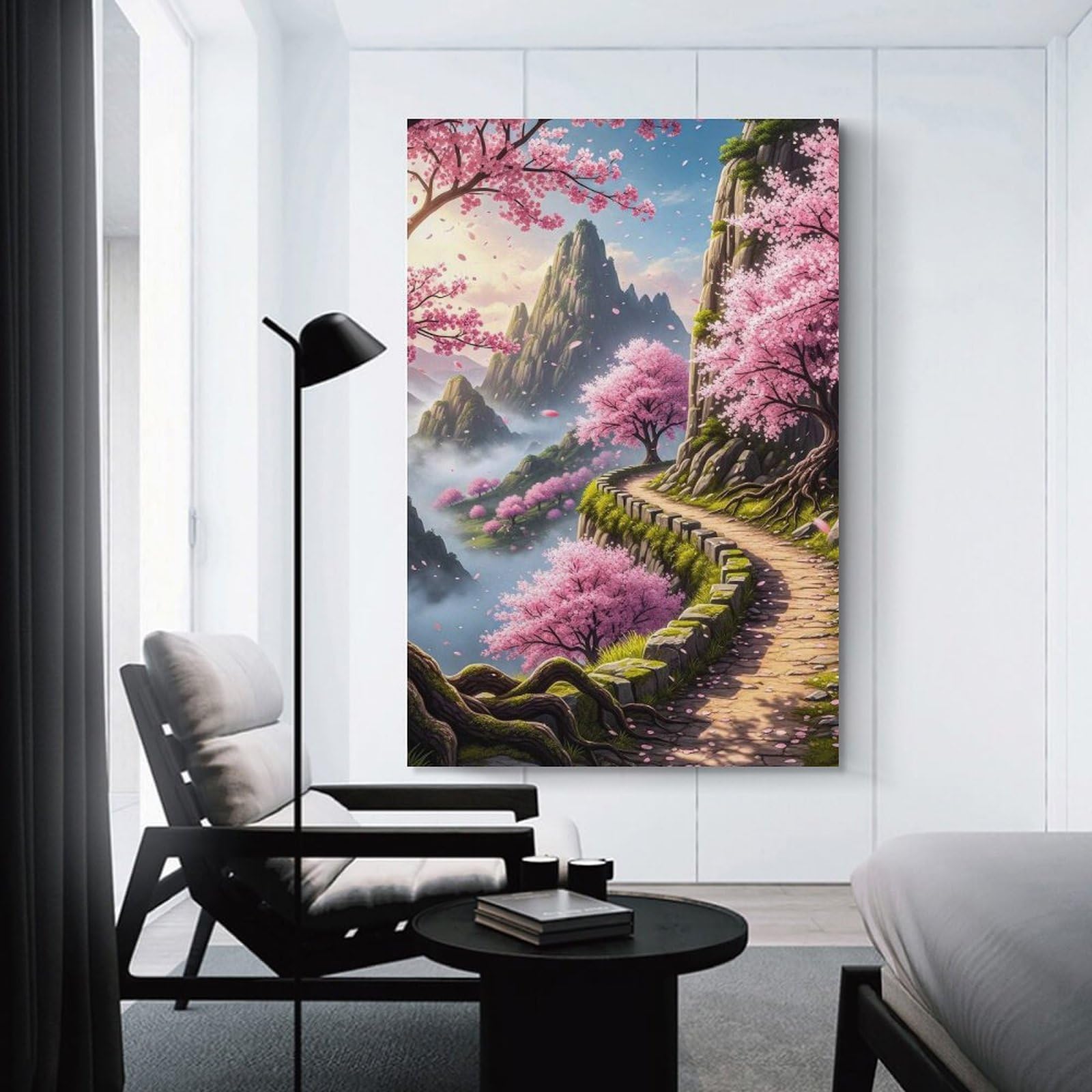 Junmoney Serene Mountain Path with Cherry Blossoms Hanging Wall Art, 24x36inch(60x90cm), for Home Walls, Creative Rooms Or Shared Spaces, A Flexible Wall Accent for Shared Spaces