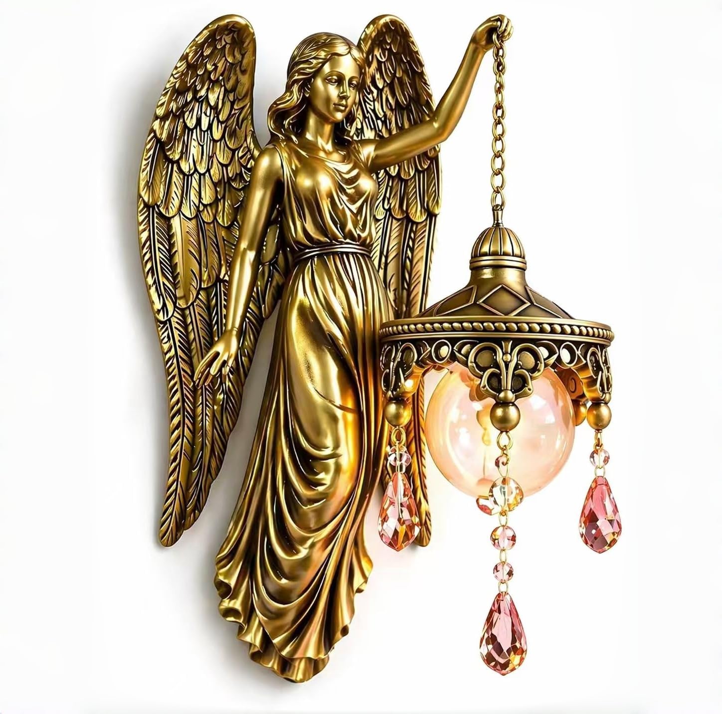 Angel Wall Lamp, Vintage Holy Guardian Night Light with Frosted Crystal & Wings, Battery Operated Wall Sconce for Bedroom, Nursery, Living Room, Chapel & Hotel, Classic Inspirational Decor