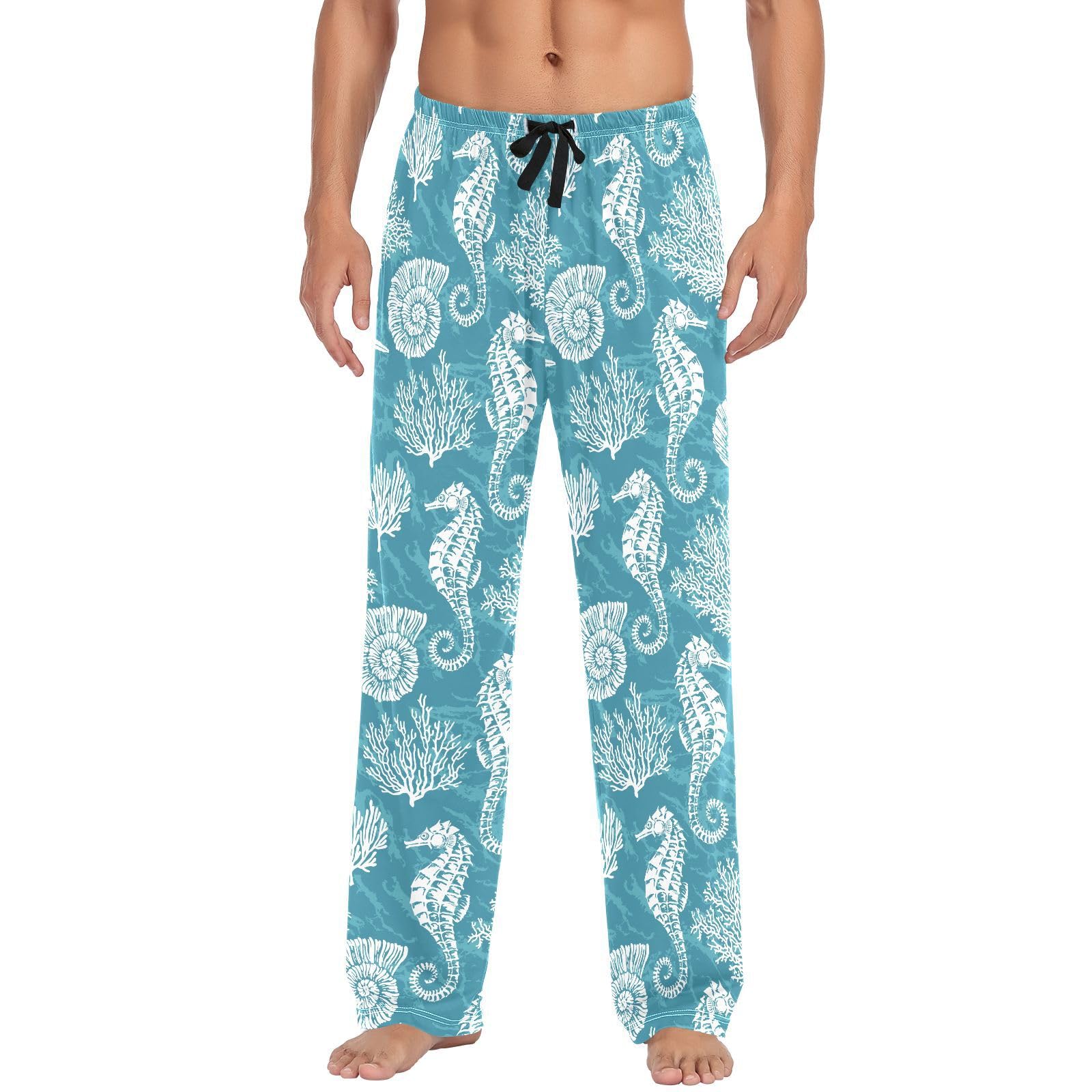 Herren-Pyjamahose mit Muschel, Seepferdchen, Koralle, 100 % Baumwolle, Schlafhose, gerade Passform, Pyjamahose mit Taschen, Kordelzug, Größe L, mehrfarbig, L