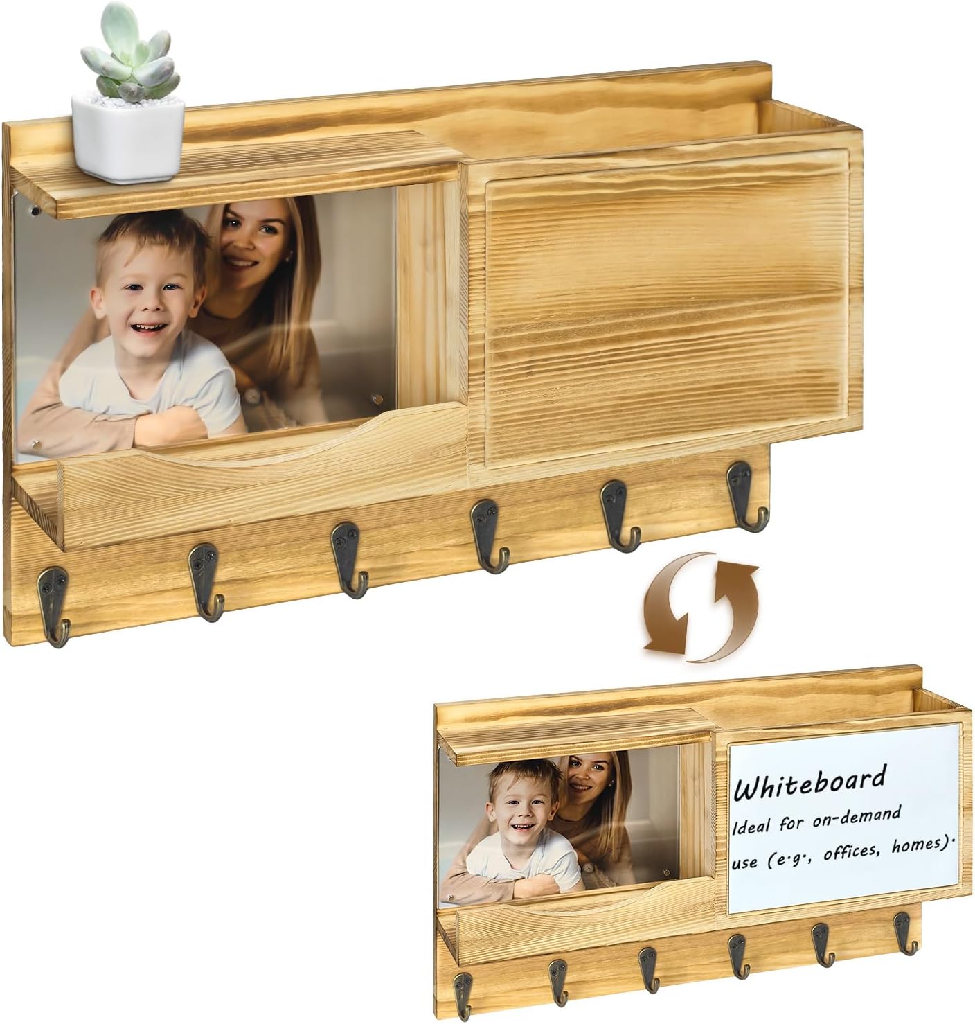Entryway Mail Key Organizer with Built-in Magnetic Acrylic Photo Frame and Included Whiteboard, Wall-Mounted Leash Rack, 6 Hooks, 15 x 9.5 Inches, Solid Wood, Natural Brown