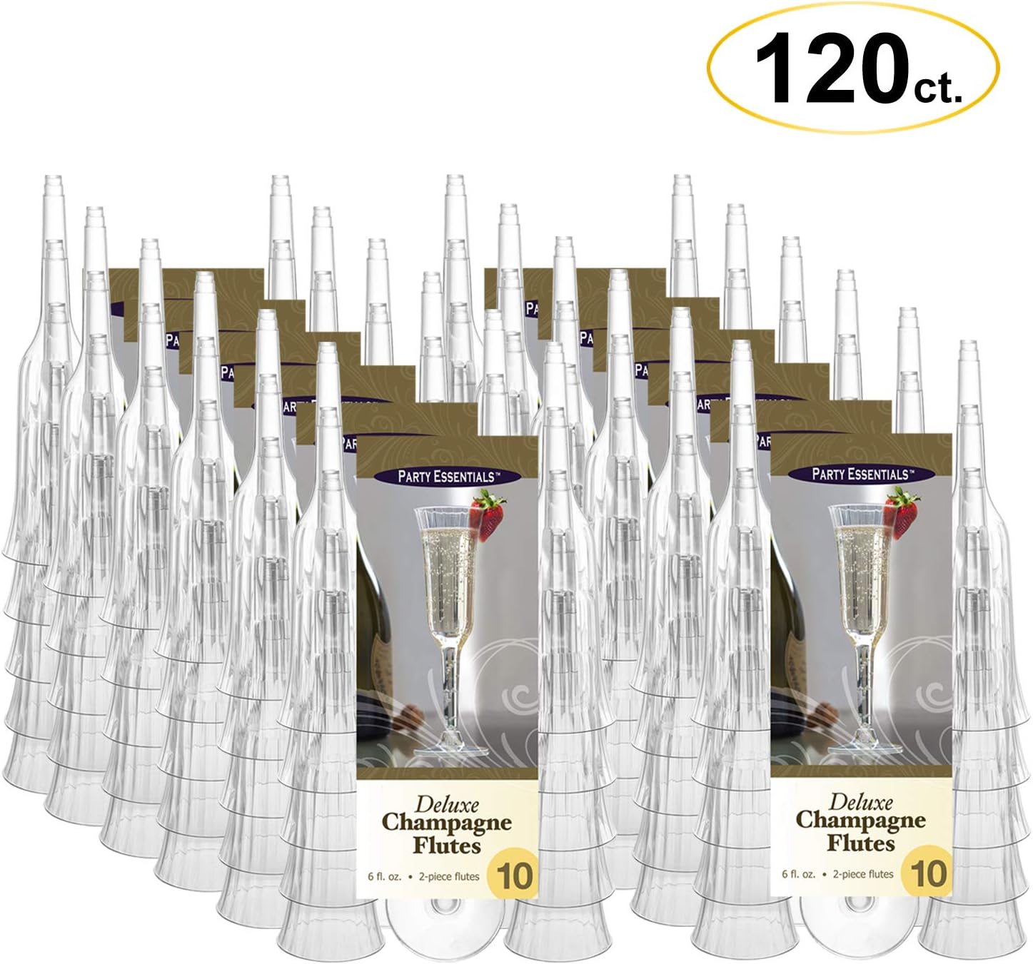 Party Essentials 120Count Twopiece Hard Plastic 6 oz Deluxe Champagne Flutes, Clear