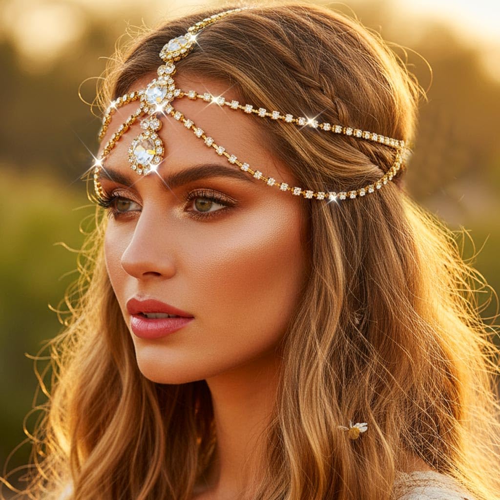 Amazon.com : Aukmla Gold Rhinestone Head Chain Crystal Headpiece