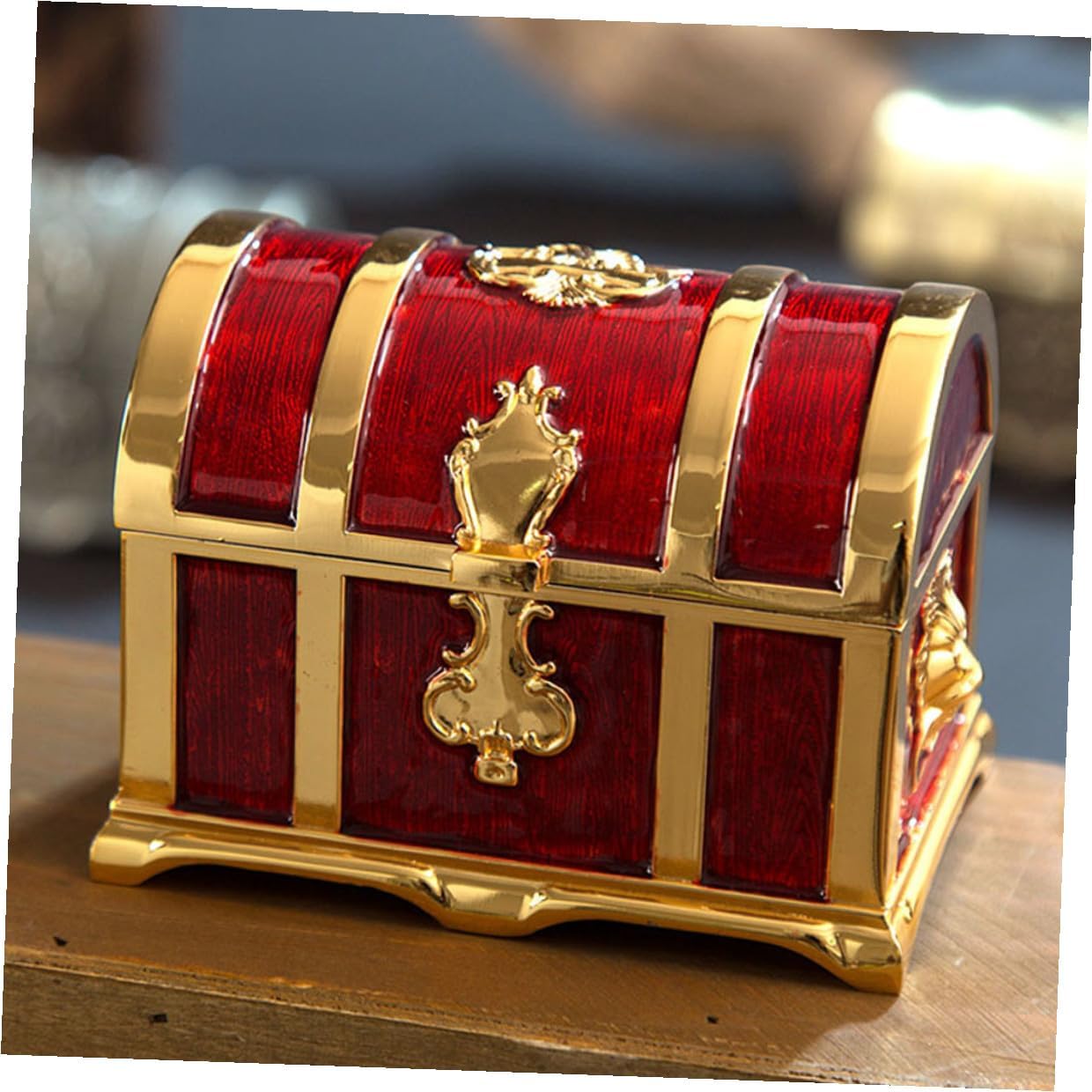 Vintage Style Treasure Chest Jewelry Box with Red Resin Finish, Alloy Decorative Storage Case and Home Décor, Handicraft Collection Organizer for Travel and Display