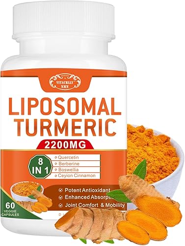 Suplemento de curcumina de cúrcuma liposomal de 2200 mg con absorción mejorada de pimienta negra y jengibre, 95% de extracto de curcumina para apoyo