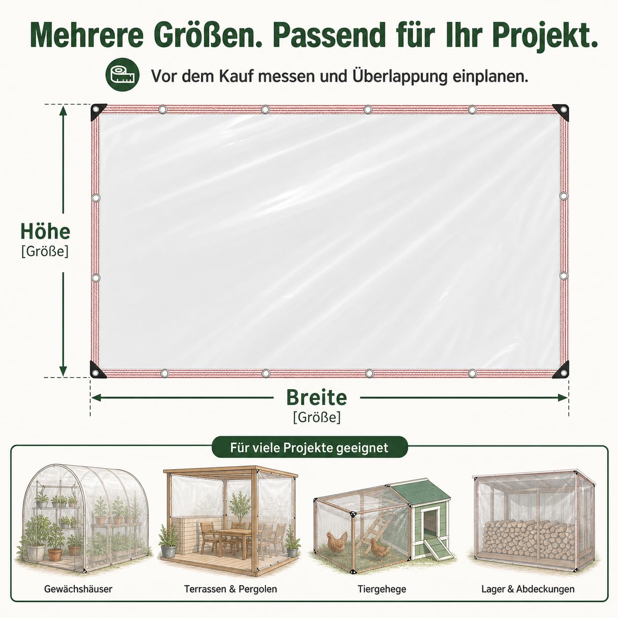 Transparente Plane mit Ösen, wasserdicht, 90% klar, 3x5m
