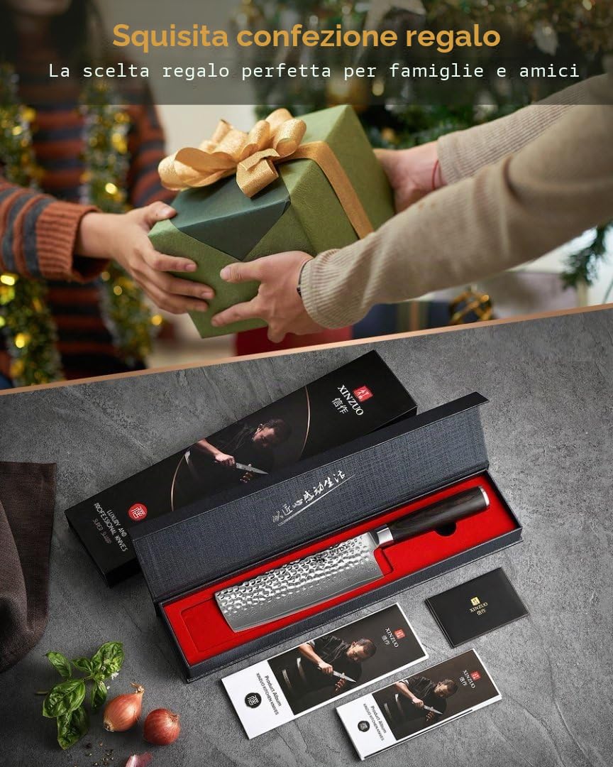 XINZUO 17cm Coltello Nakiri da Cucina -67 Strati Acciaio di Damasco Coltello da Cuoco Professionali -Adatto per Tagliare Carne, Pesce, Verdura e Frutta -Manico in Legno di Pakka -He Serie