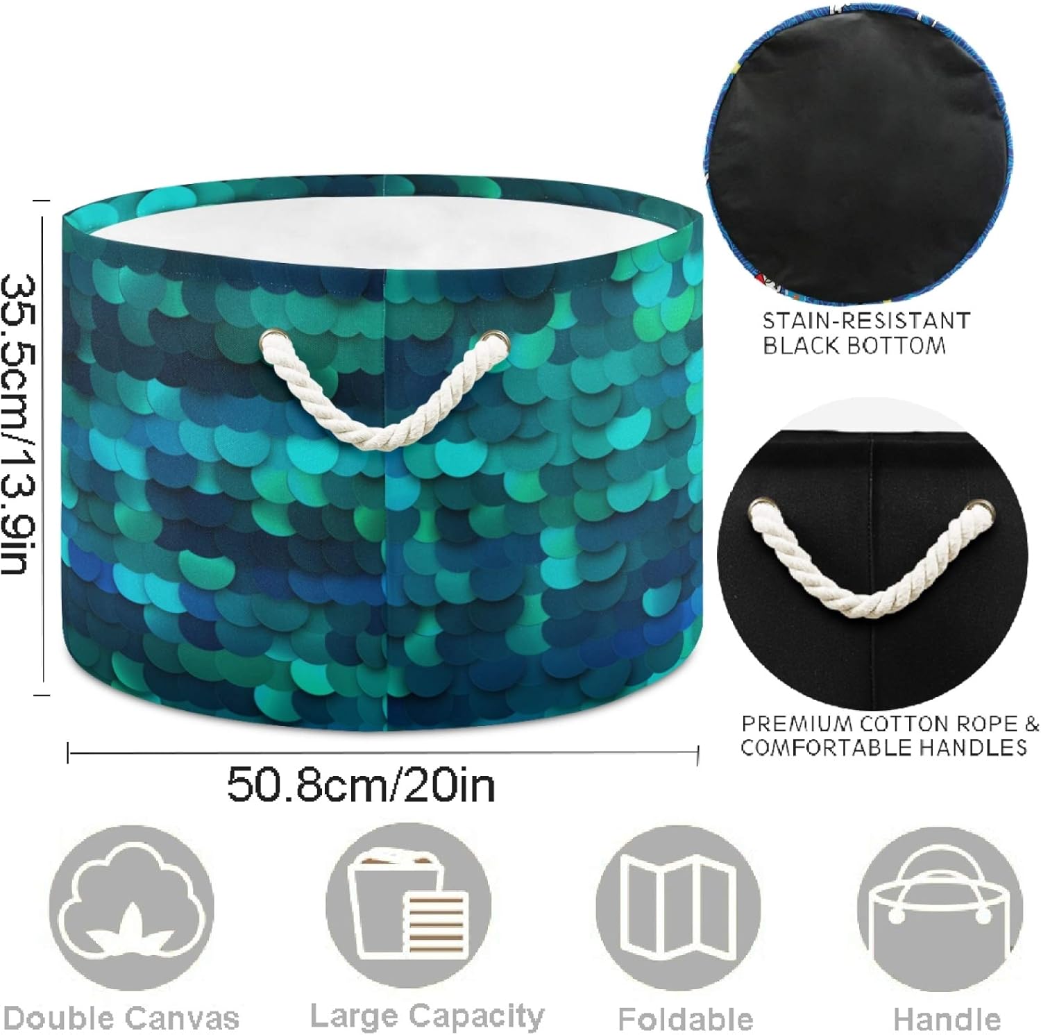 visesunny Collapsible Large Capacity Basket Cool Mermaid Scale Clothes Toy Storage Hamper with Durable Cotton Handles Home Organizer Solution for Bathroom, Bedroom, Nursery, Laundry,Closet