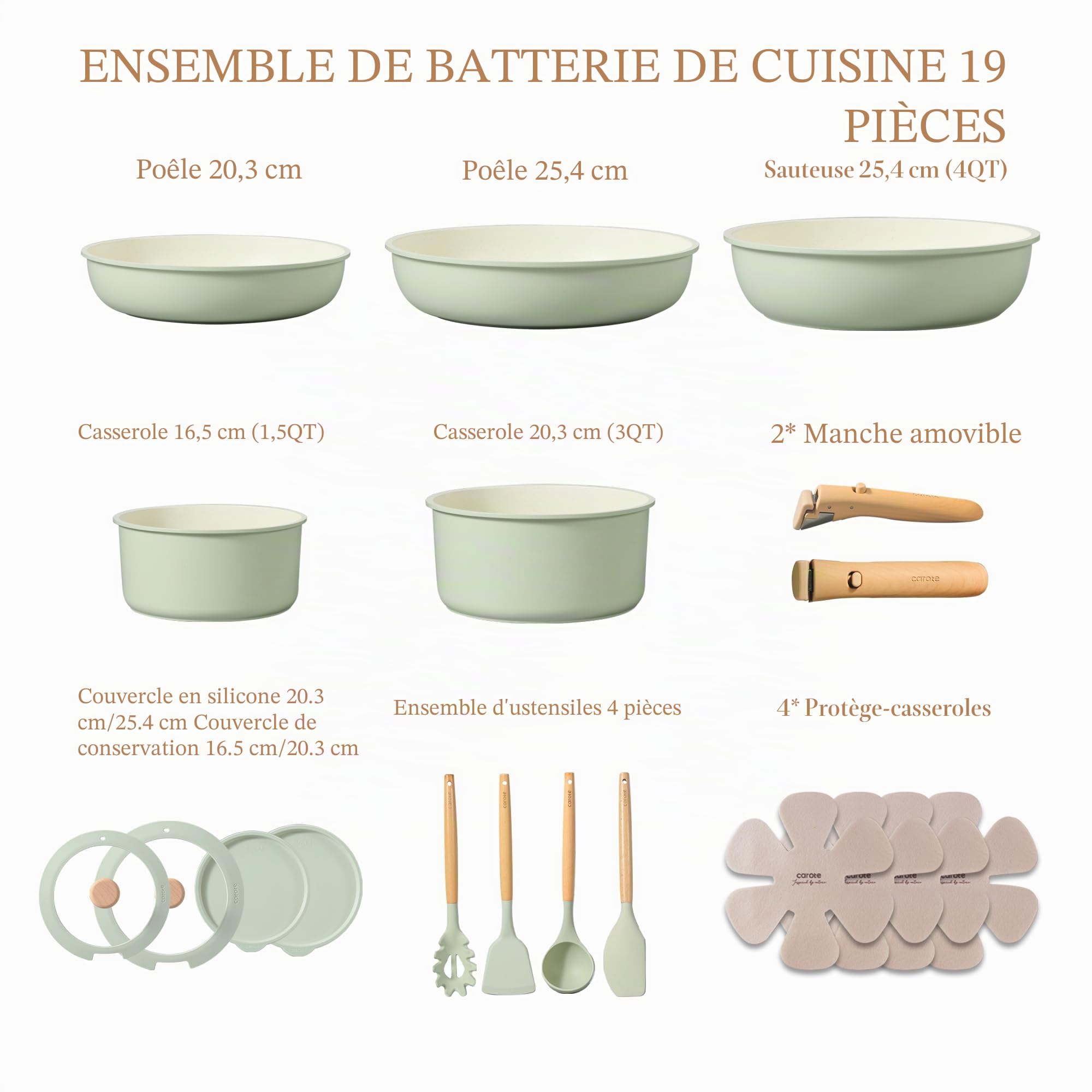 CAROTE Lot de casseroles et poêles, ensemble de ustensiles de cuisine antiadhésifs avec poignée détachable, 19 pièces, ustensiles de cuisine pour induction avec poignée amovible, ensemble de cuisine