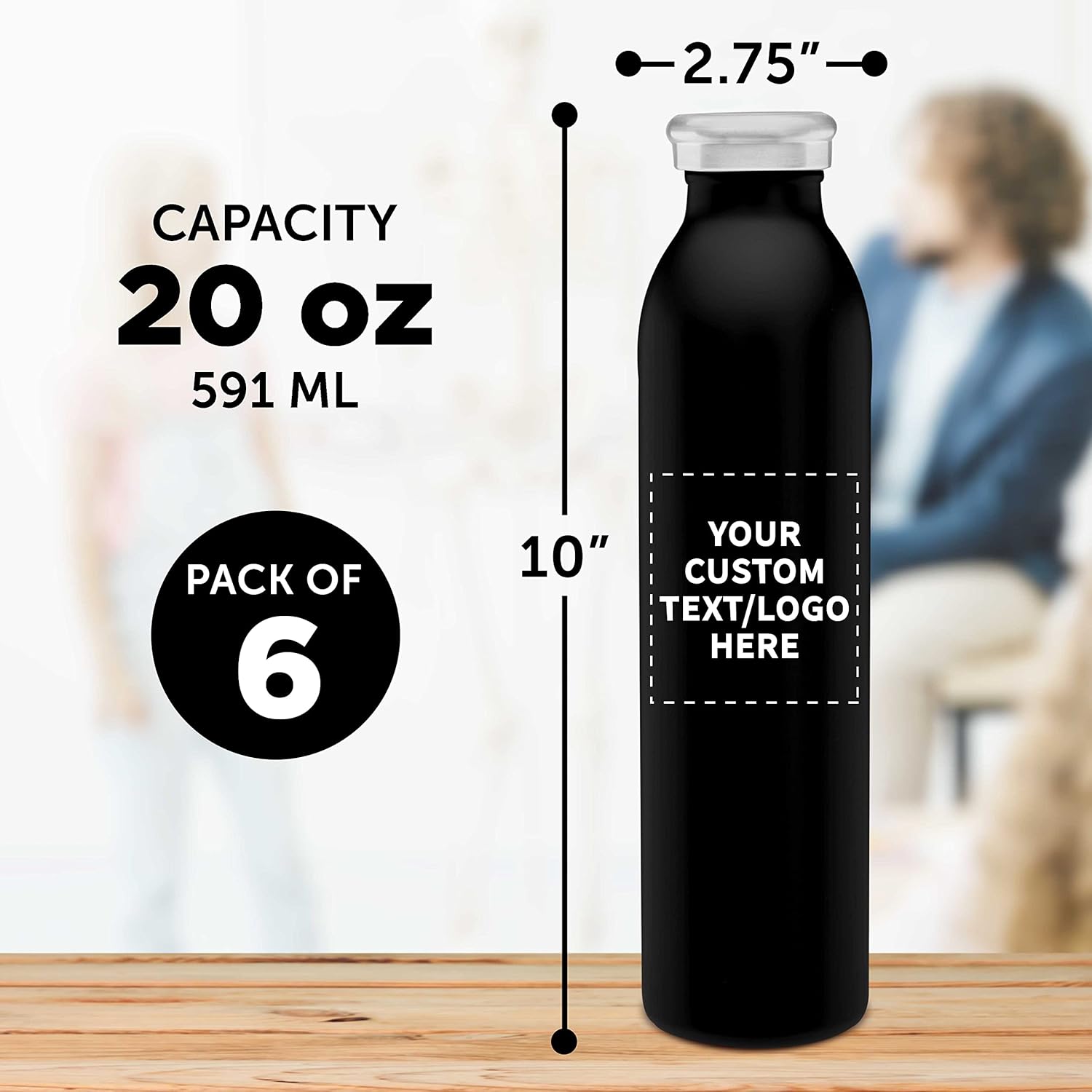 DISCOUNT PROMOS Custom Posh Stainless Steel Water Bottles 20 oz. Set of 6, Personalized Bulk Pack - Double Wall, Perfect for Coffee, Soda, Other Hot & Cold Beverages - Black